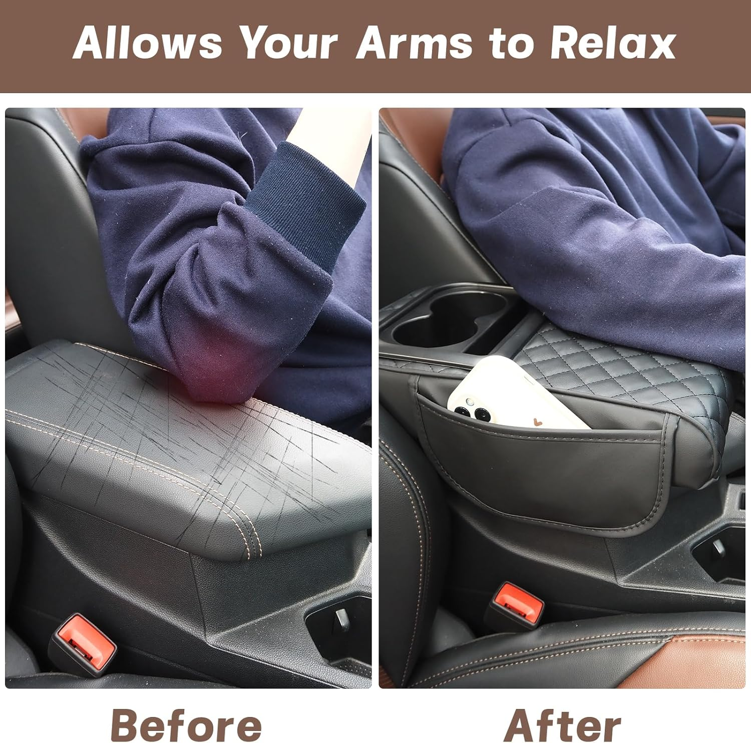 Car Leather Armrest Cover Center Console Cushion, Universal Memory Foam Armrest Pillow with Organizer, Anti-Scratch Arm Rest Protector Pad Accessories for Car, Suvs (Black with Cup Holder) image number 2