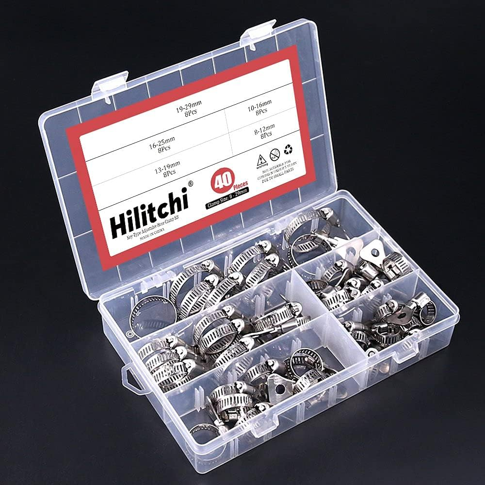 Hilitchi 40-Pcs 8-29Mm Clamping Range Butterfly Key-Type Adjustable Hose Pipe Worm Gear Clamps Assortment Kit, Clamps Ideal for Plumbing, Automotive - - 304 Stainless Steel image number 6