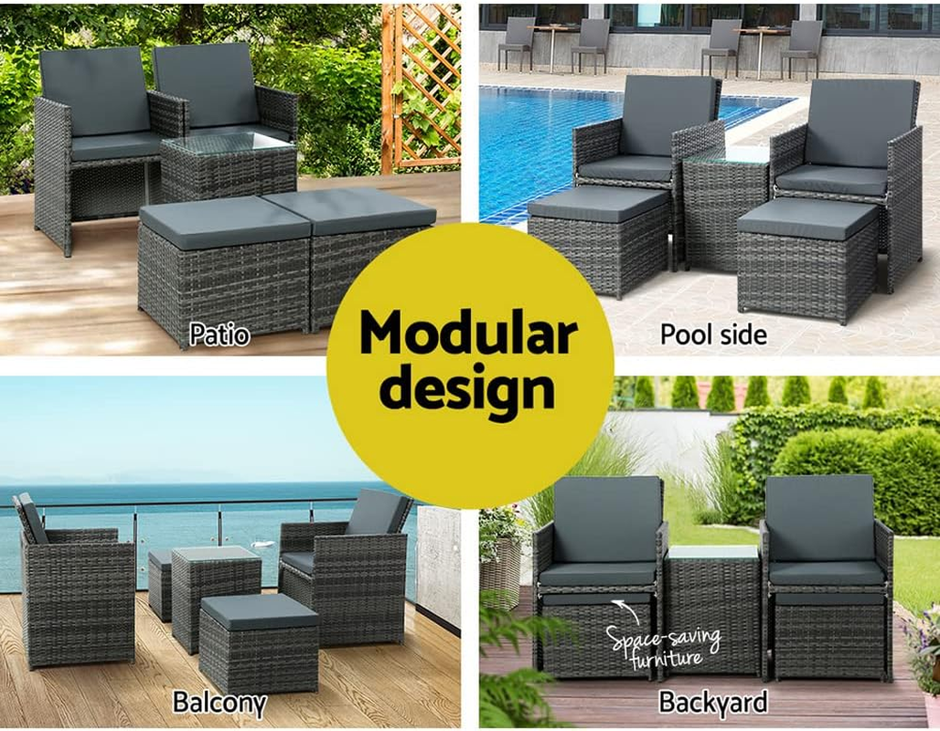 Gardeon Outdoor Lounge Setting 3Pcs Wicker Table and Chairs Bistro Set, Garden Furniture Patio Sofa Recliner Chair Rattan, with Ottoman Cushion Grey of 5 image number 6