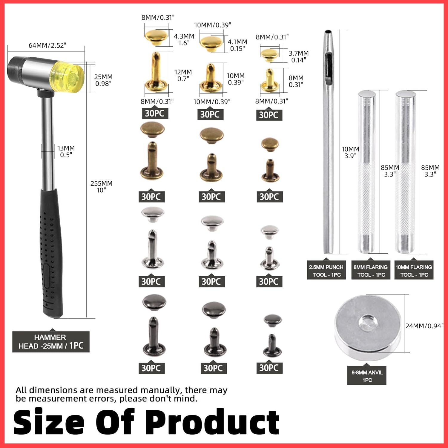 Tanstic 365Pcs Leather Rivets Kit, 3 Sizes 4 Colors Double Cap Rivets Flat Tubular Metal Studs with Rubber Hammer and Setting Tool Kit for Leather Craft Repair Decoration(Silver/Gun Black/Bronze/Gold) - A Kit image number 2