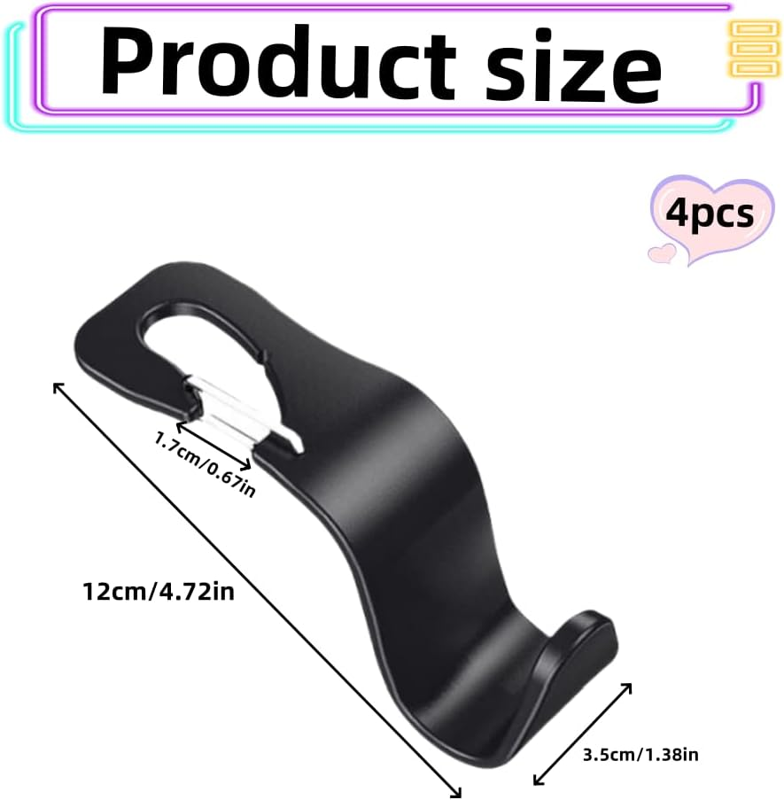 4 Pack Car Seat Hooks, Headrest Hooks for Purses Groceries Bags with Metal Lock(Black) image number 3