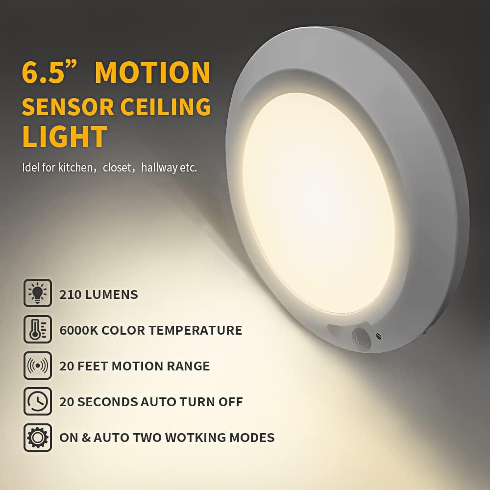 RAWNICE Motion Sensor Ceiling Light,Battery Operated Sensor Light Indoor,6.5'' Wireless LED Lights for Shed Loft Porch Toilet Garage Stair Hallway Cupboard Warm Light 210LM image number 1