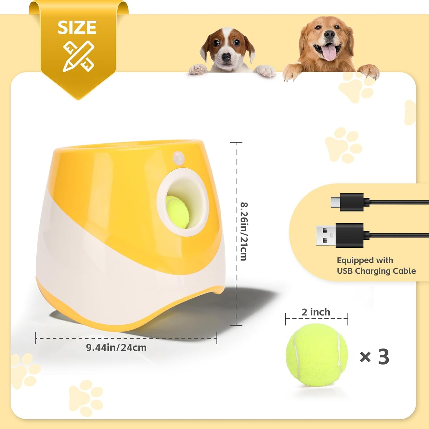 Dog Ball Thrower, Rechargeable Dog Ball Launcher, 3 Modes Interactive Thrower for Indoor & Outdoor, Suitable for Small & Medium Dogs, Yellow (3 Tennis Balls Included)