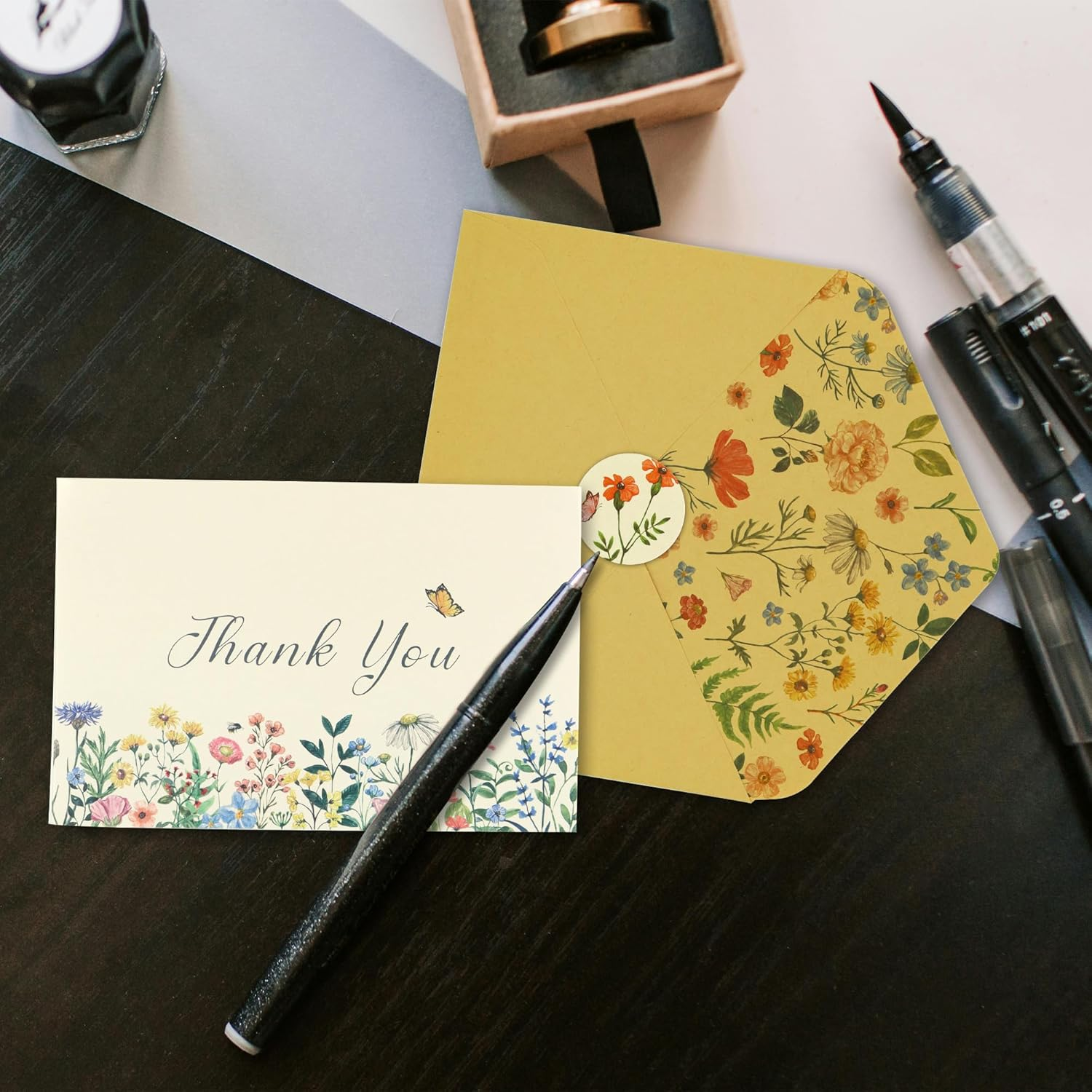 24 Pcs Floral Thank You Cards with Envelopes Bulk, YITOBA 4X6 Inch Butterfly Wildflower Thank You Cards with Seal Stickers for Small Business, Wedding, Graduation, Bridal Shower (Cartoon)