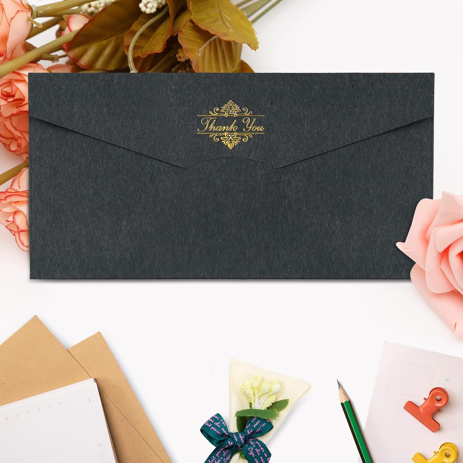 10PCS Specialty Paper Thickened Vintage Black Envelope, &ldquo;8.7 X 4.3Inch&rdquo; Premium Black V Flap Invoices Envelopes for Office Checks, Business Letterhead, Letter Mailing Invitation, Holiday Cards image number 5