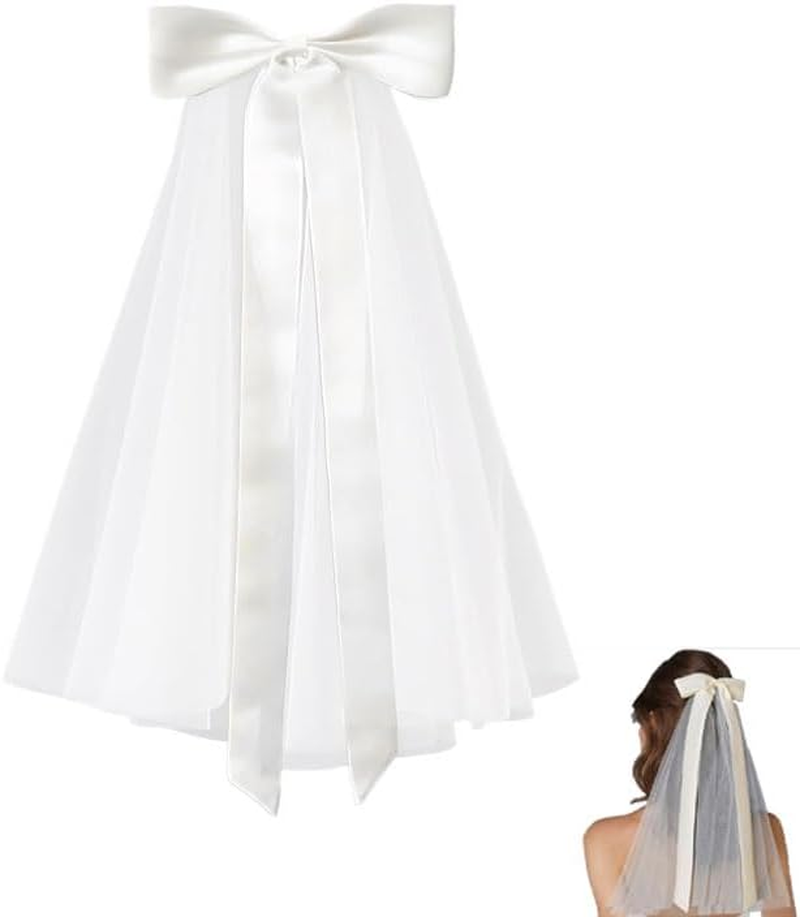 WADY Bridal Wedding Veil Hair Bows White Lace Ribbon Hair Clip Long Tail,Wedding Bow Veil White Pearl Hair Clip Tulle Bridal Hair Bow with Clip Bachelorette Party Accessories for Women and Girls