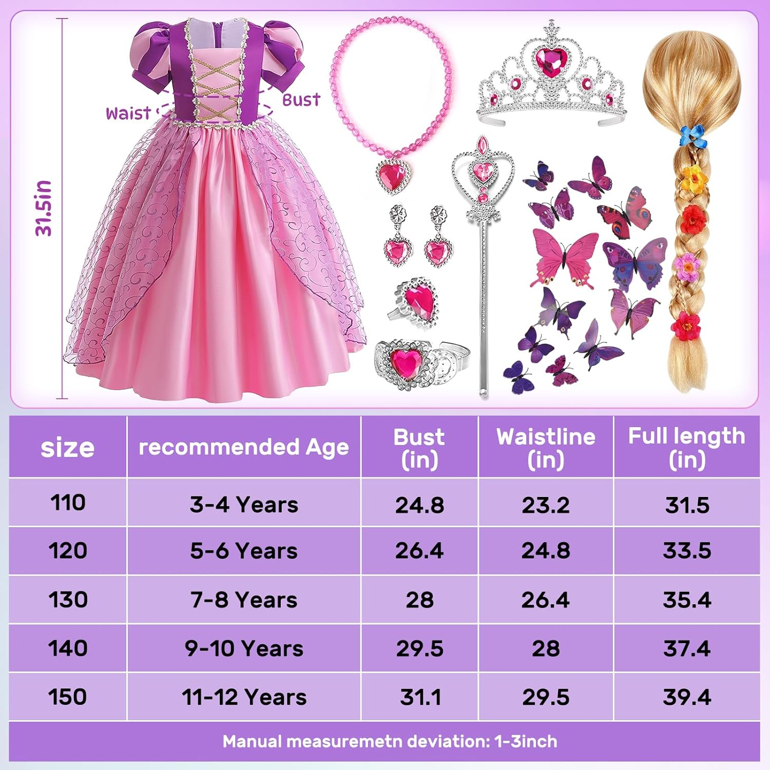 G.C Girls Rapunzel Dress Princess Dress up Costume Toddler Puff Sleeve Dresses Wig Crown Wand Jewelry Cosplay Clothes image number 4