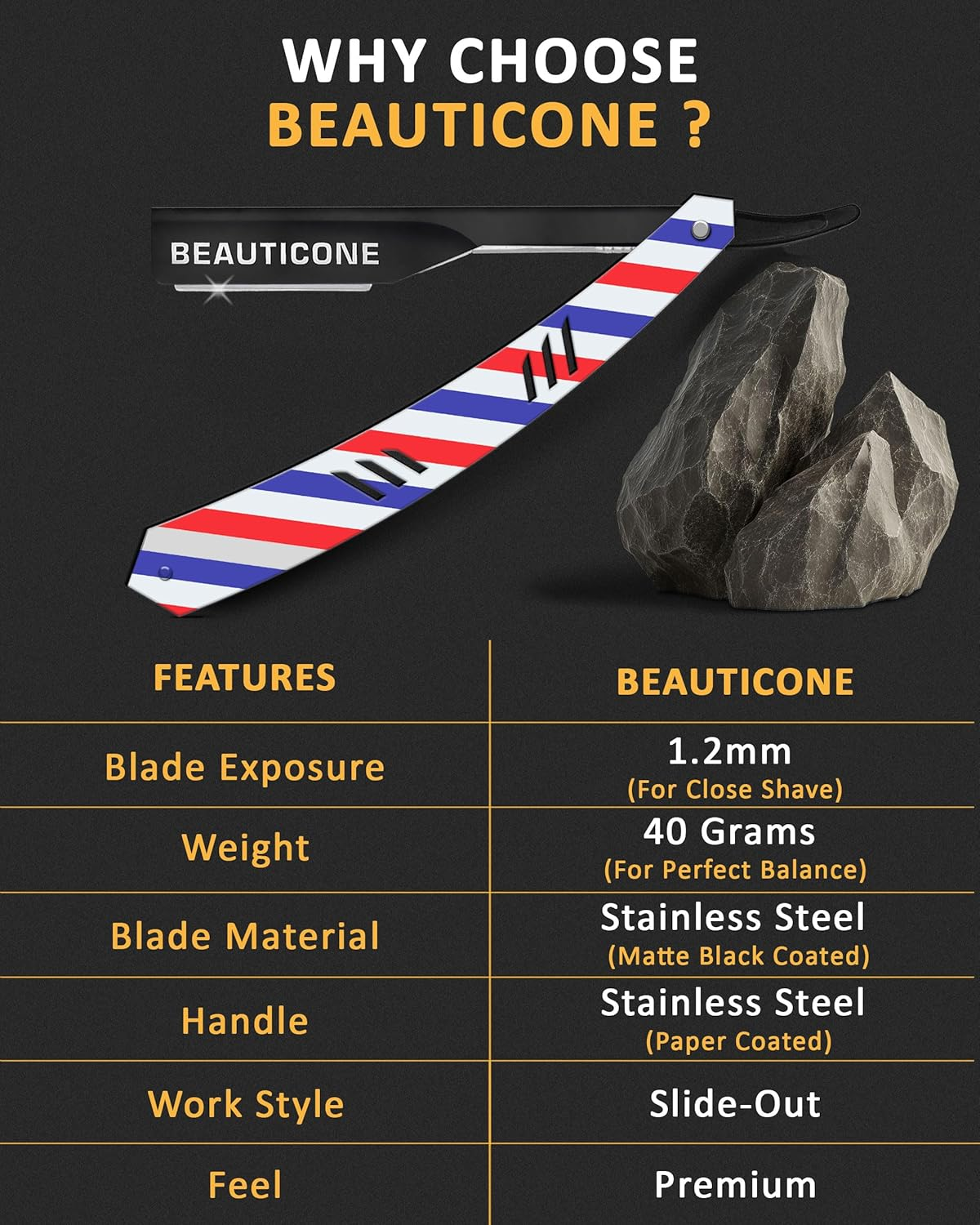 BEAUTICONE Professional Straight Razor for Men with 100 Single Edge Blades | Slide-Out Design (Barber Pole) image number 6