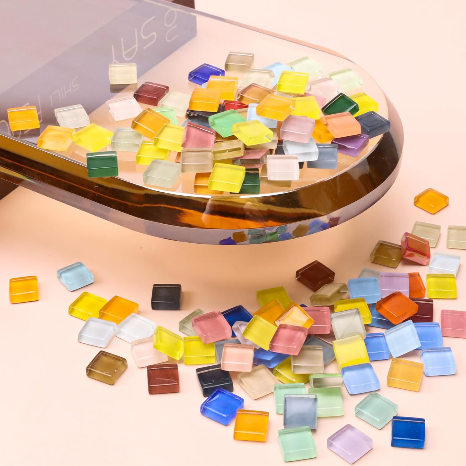 Glass Mosaic Tiles for Crafts Colorful Stained Glass Mosaic Pieces Iridescent Bulk Square Flat Mirror Tile Kits for Adults 160Pcs Crystal Picture Frames DIY Kit image number 5