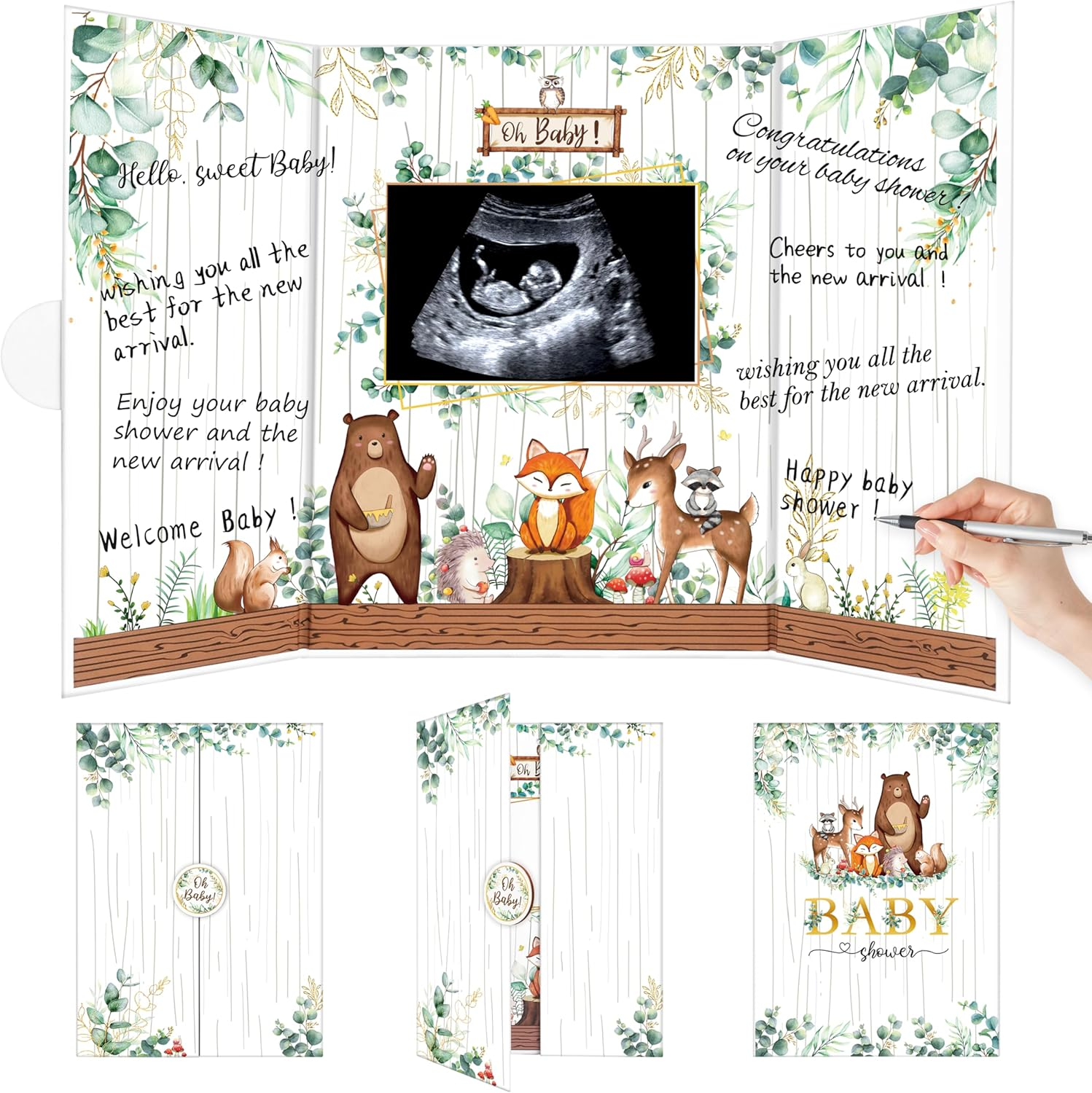 BORAMDO Woodland Animal Baby Shower Guest Book Alternative Safari-Themed Signature Book with Animal Designs Oh Baby Shower Keepsake Memory Book Green White Party Decor image number 1