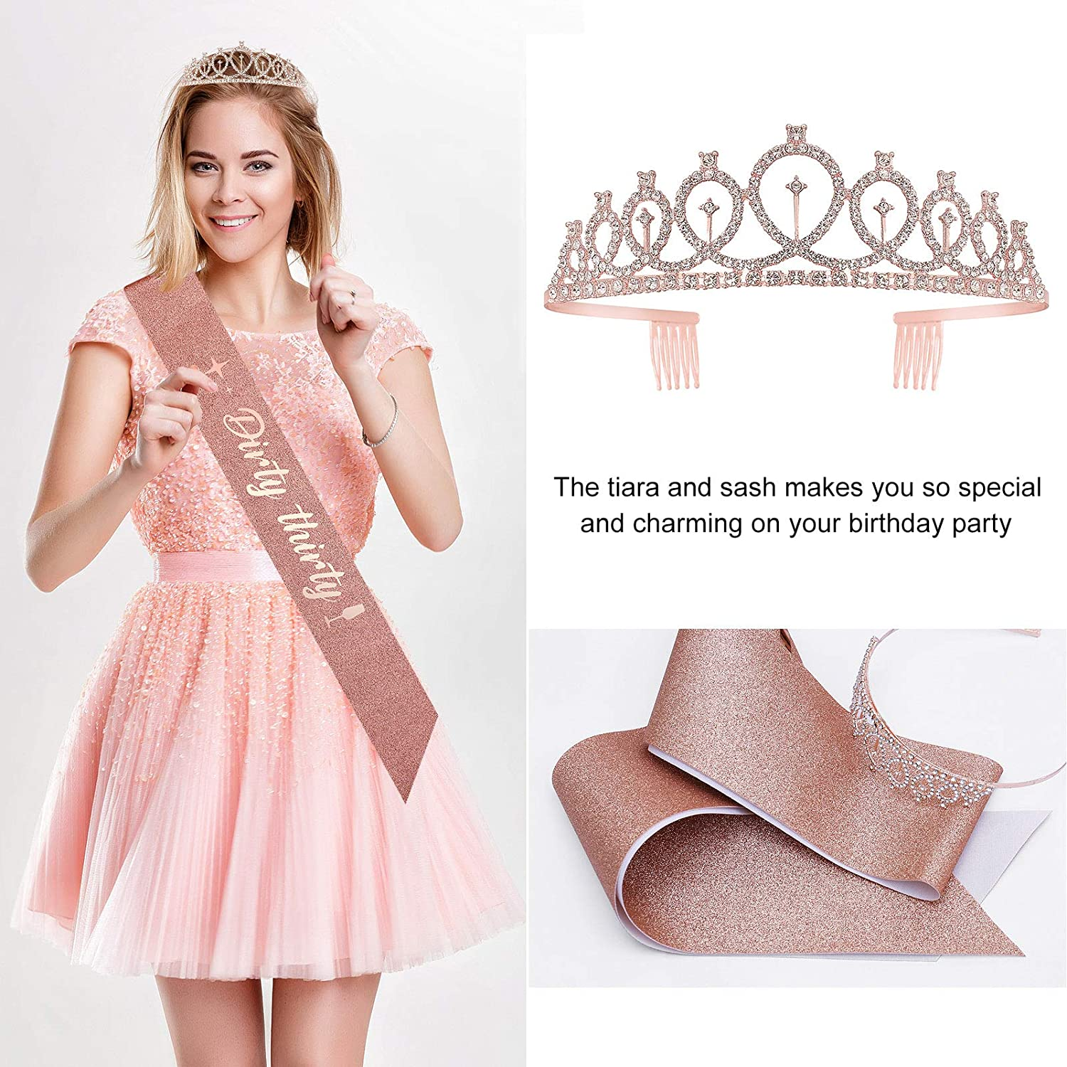 Rose Gold 30Th Birthday Party Decorations for Women, Supplies Including Happy Balloons, Fringe Curtain, Tablecloth, Photo Props, Foil Balloons, Sash and Tiara image number 2