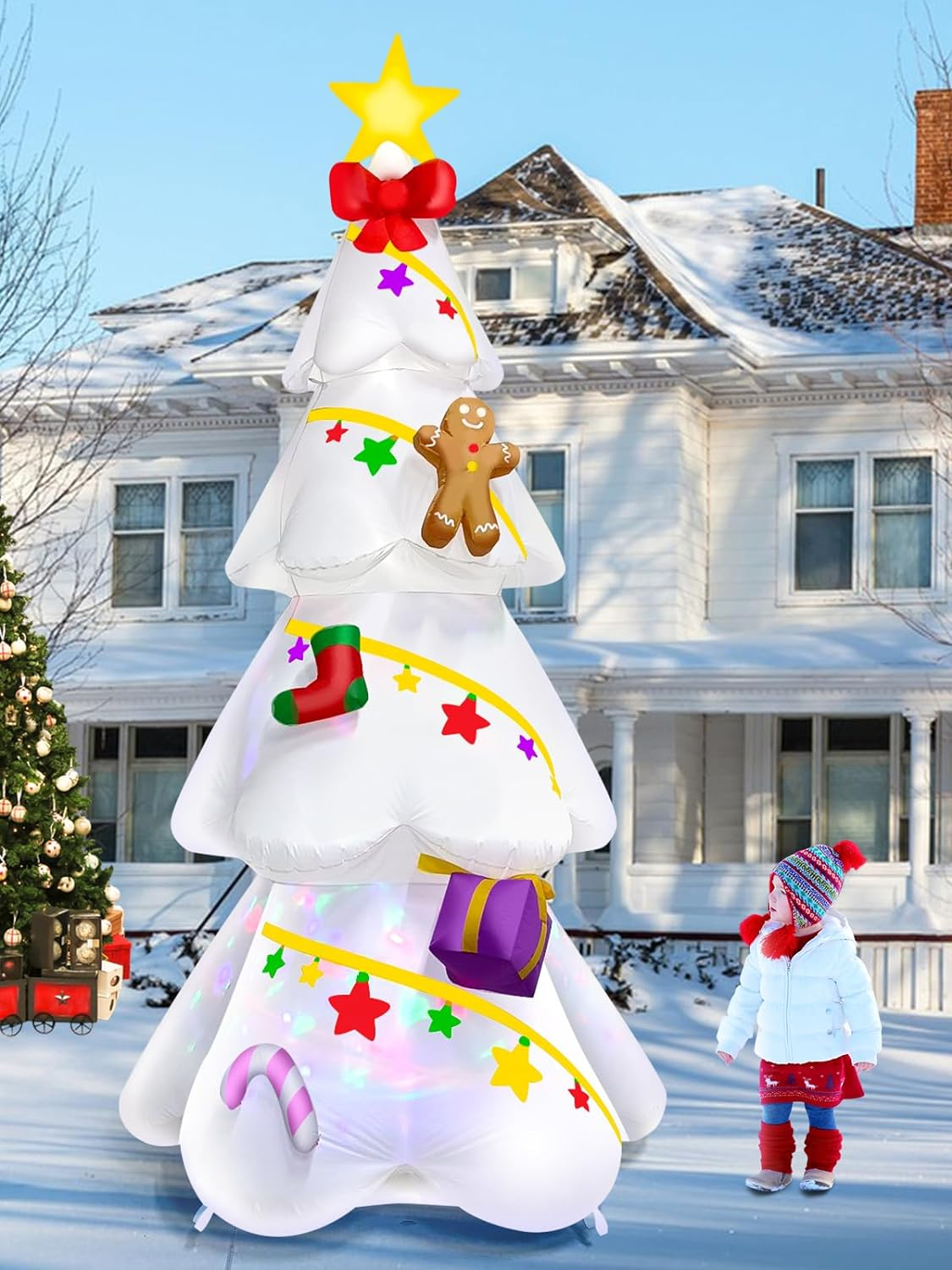 EBANKU 9 FT Christmas Inflatable Xmas Tree Outdoor Decorations, Blow up Yard Decoration Christmas Tree with Star Gingerbread Man, Build in Leds, Colorful Rotating Light for Holiday Indoor Garden Lawn image number 5
