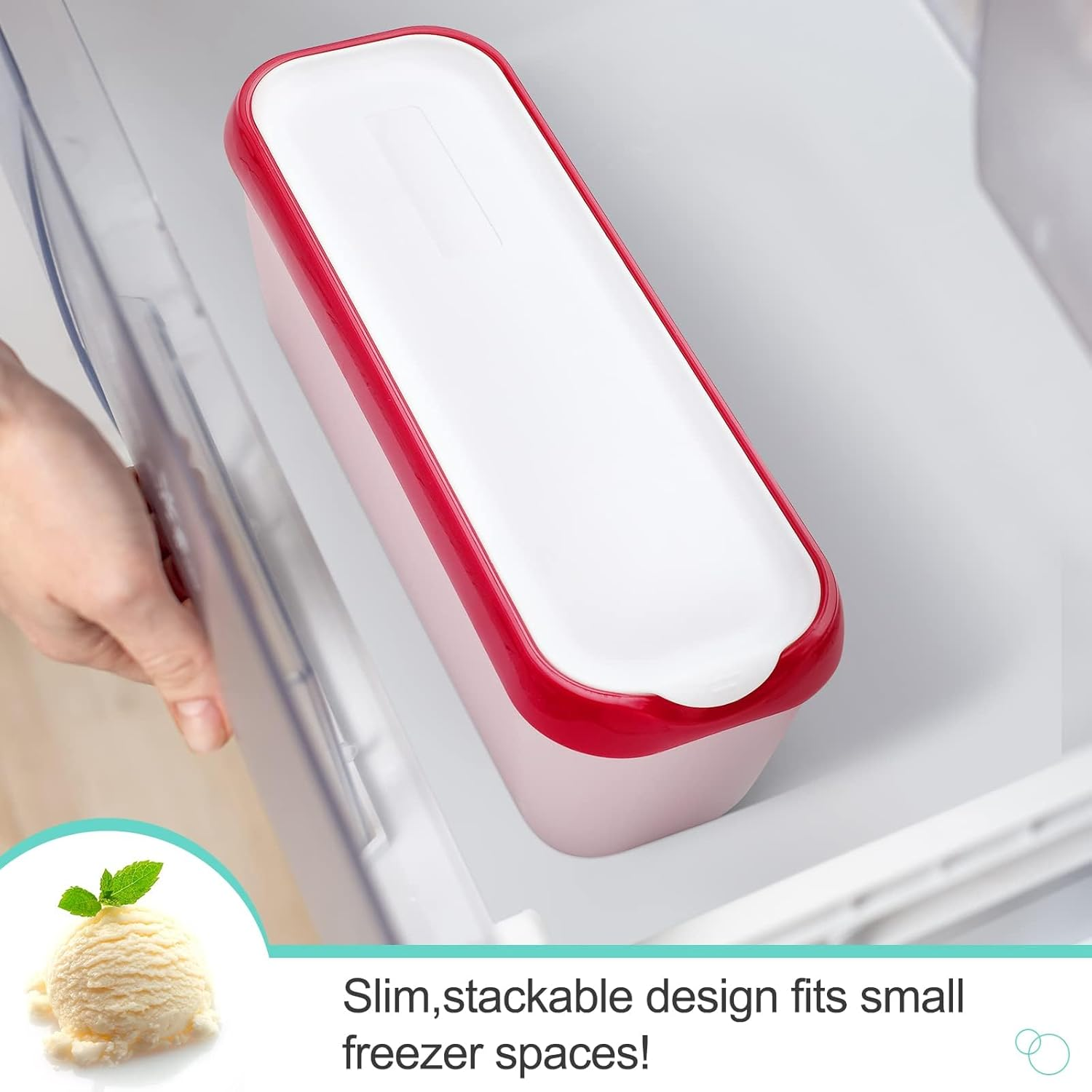 2 Pack Ice Cream Containers with Lids, 1.5 Quarts Reusable Homemade Long Ice Cream Tubs, Freezer Storage Container Perfect for Sorbet, Frozen Yogurt and Gelato, Red image number 2