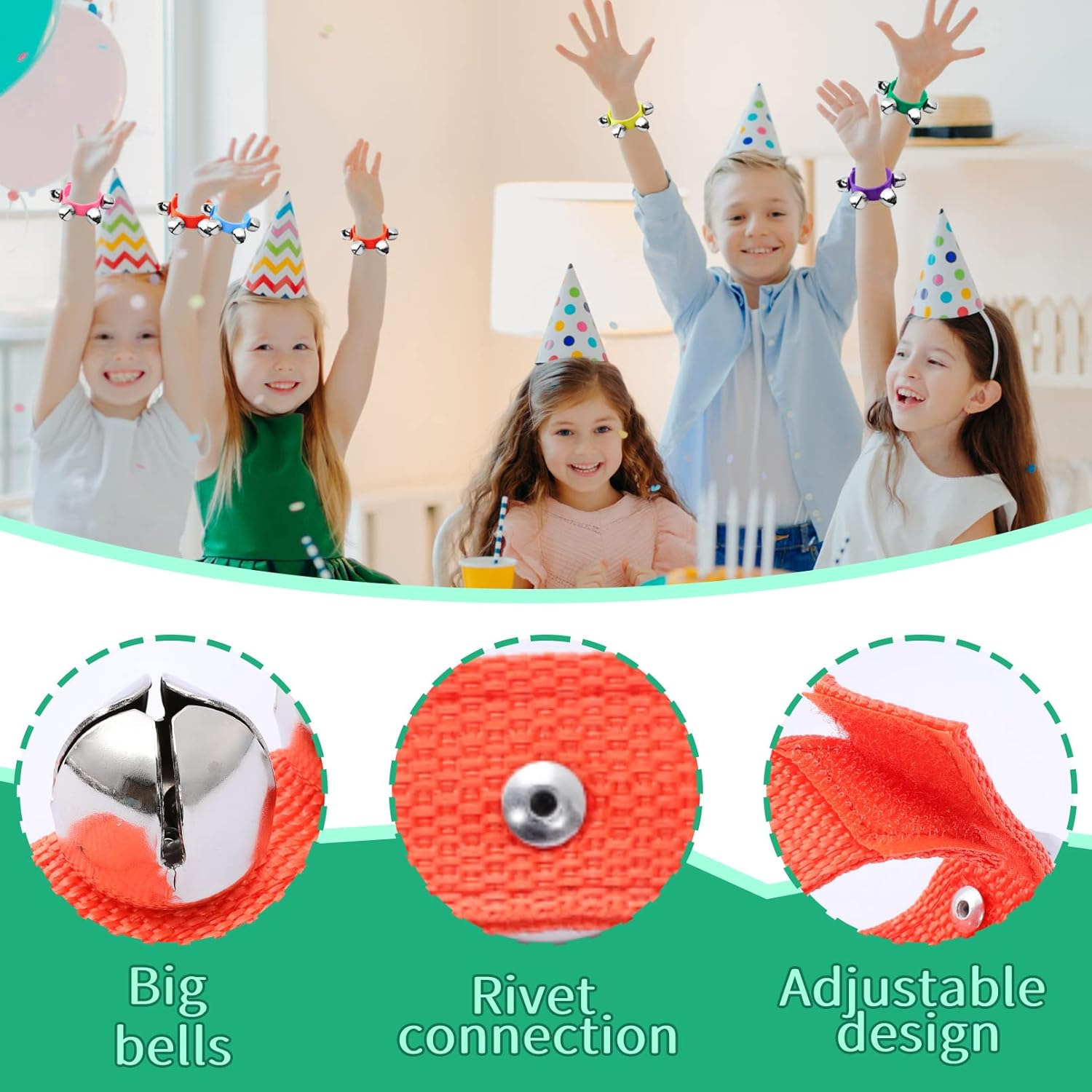 24PCS Wrist Band Jingle Bells,12 Colors Wrist Bells Ankle Bells,Rhythm Instrument Percussion Party Favor Wristband Bell,Jingle Bell Musical Instruments Kid HWD1209 Black/Green/Orange/Purple