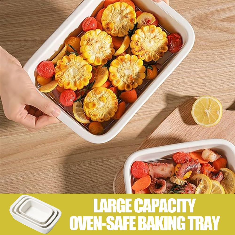 3-Piece Oven Casserole Set, Ceramic Baking Dish Set with Baking Rack, Large Lasagna Dish, Ceramic Tableware, Home Oven Baking Dish Bowl, Square Baking Dish for Cooking, White image number 5