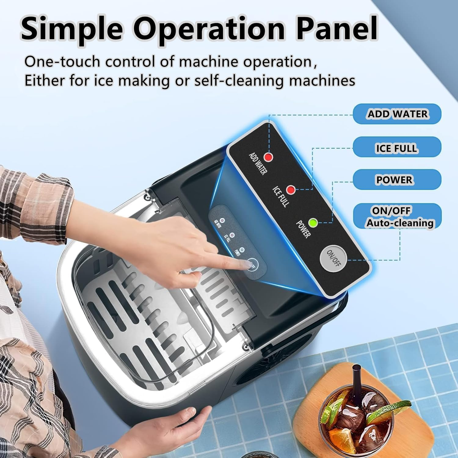 Ice Maker for Countertop, 1.2L 12KG Stainless Steel Portable Icemaker Cube Makers, 26Lbs Ice/24Hrs, with Self-Cleaning Feature, Ice Spoon and Basket, for Home, Kitchen, Camping, Party (Black) image number 6