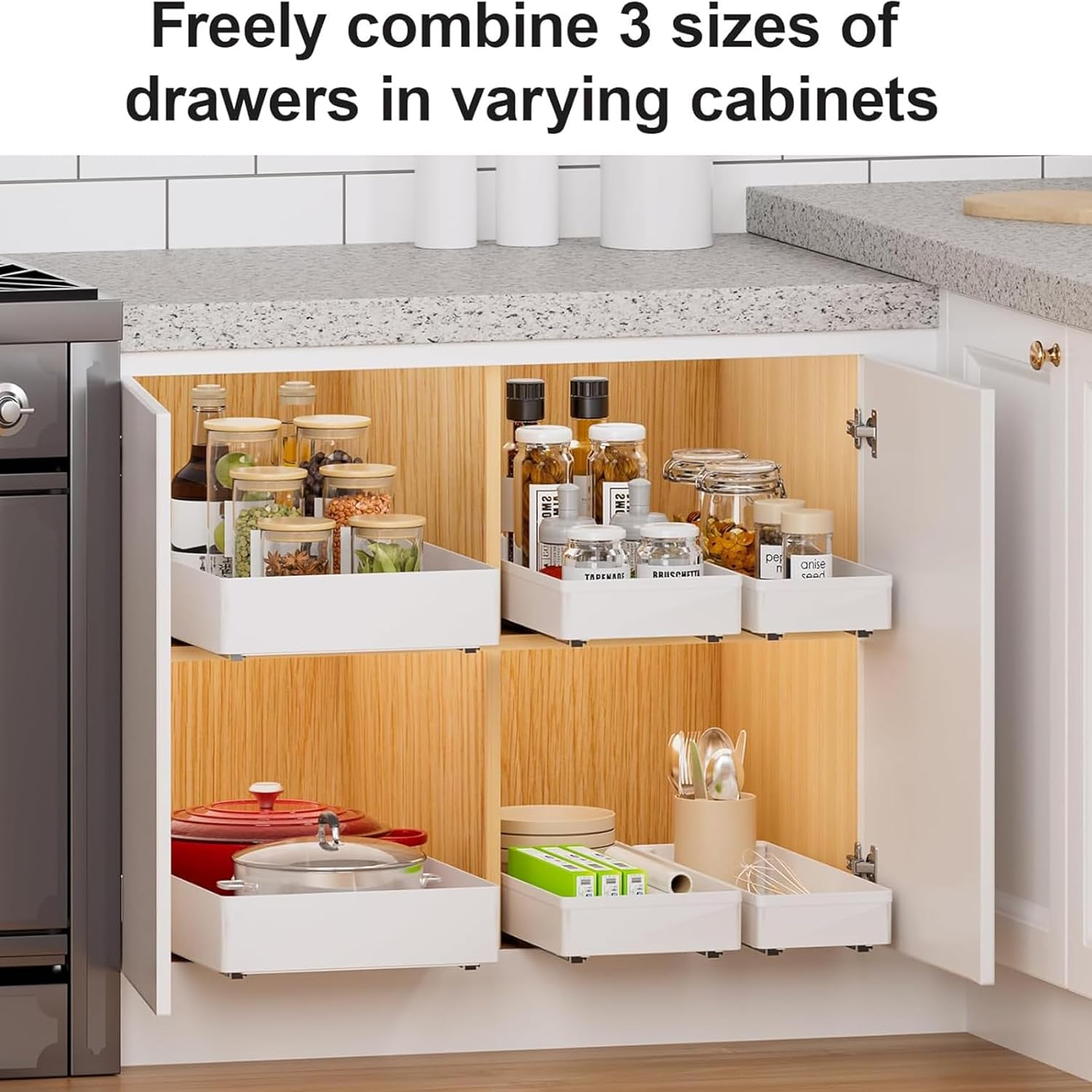 3 Packs Pull Out Cabinet Organizer, 40Cm Deep Slide Out Drawers, Roll Out Rack Shelves for Bathroom Kitchen Cabinets, White
