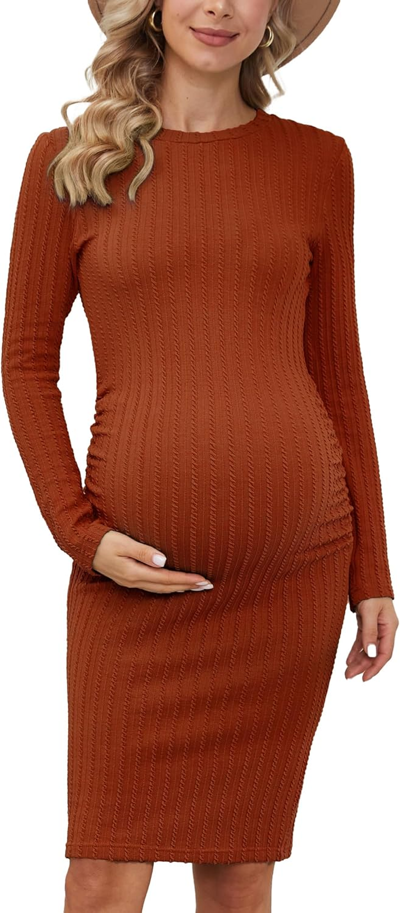 Women'S B Shape Side Ruch Knit Ribbed Maternity Bodycon Dress/Midi Dress with Long Sleeves for Daily Wear & Baby Shower image number 5