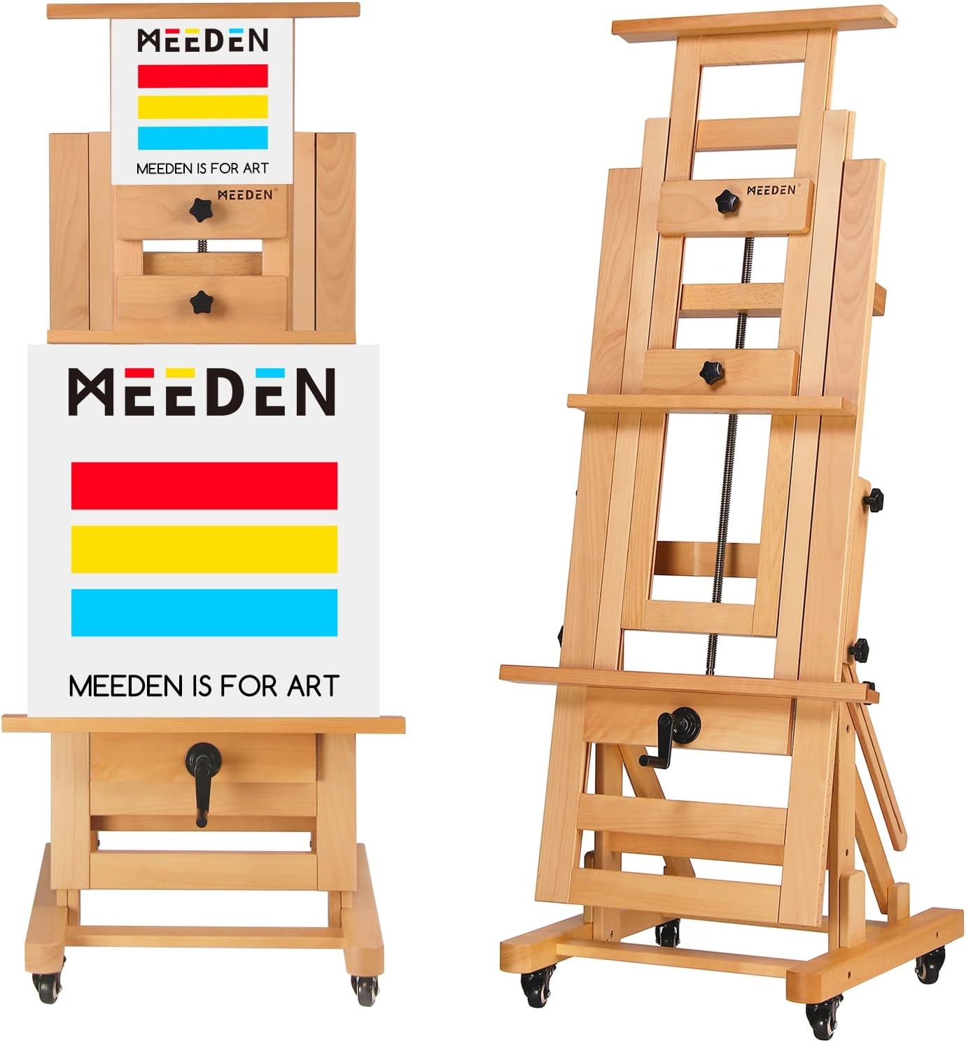 MEEDEN Deluxe Large Rocker Crank Studio Easel,Heavy Duty Artist Painting Easel,Solid Beech Wood with Adjustable Height,Movable and Tilting Flat H-Frame Easel,Holds Art Canvas up to 76.7"