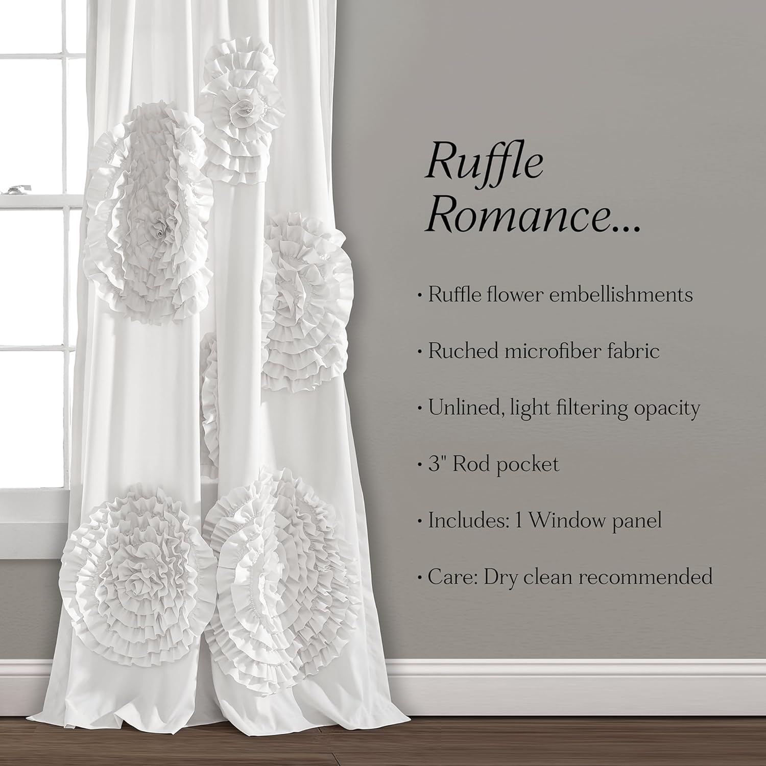 Lush Decor Serena Light Filtering Window Curtain Panel, Single, 54" W X 95" L, White - Drapes - Floral Curtains for Bedroom - Cute Curtains - Coquette Decor image number 3