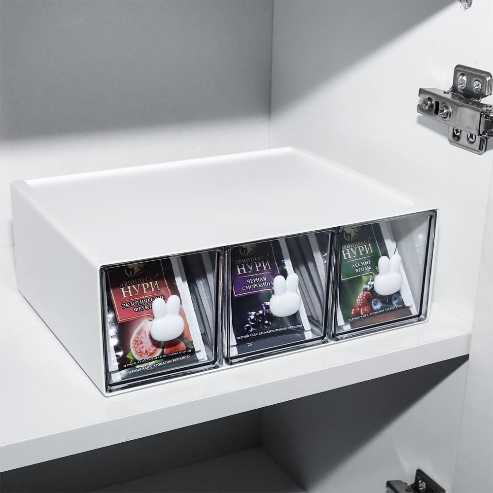 BAIEUEJO Cupboard Organizers Tea Box with 3 Drawers Plastic Stackable Tea Bag Organizer Storage Box for Tea Bags, Coffee, Etc. Kitchen Organiser for Kitchen/Bathroom/Dressing/Office, Etc (White) image number 5