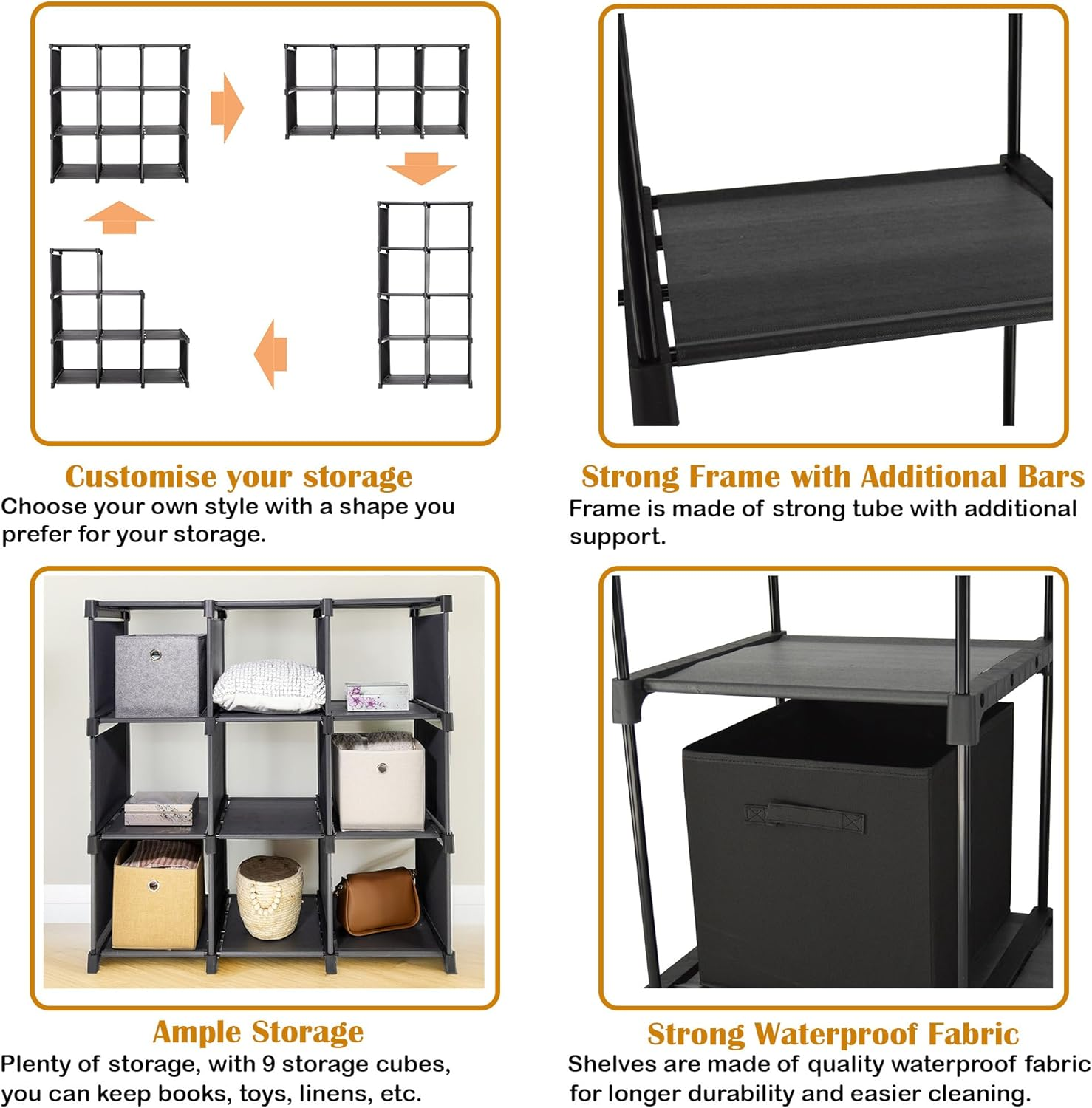 SORTI Storage Organizer, 9 Cubes, Wardrobe Closet Storage Shelves, DIY Closet Cabinet, Bookcase, Shelf for Bedroom, Living Room, Black with Rubber Mallet, Toy Storage, Books, Shoes, Clothes image number 6