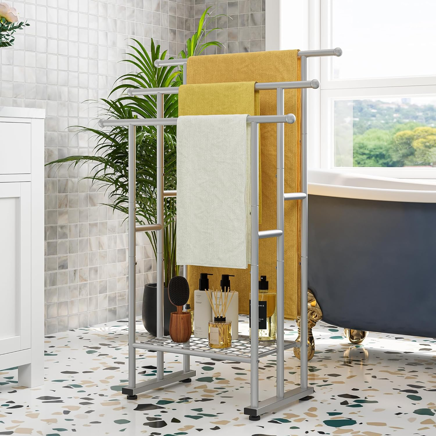 Tall Free Standing Towel Racks for Bathroom Towel Rack Stand with Storage Basket,3 Tiers Floor Bath Towel Holder,Anti-Rust Chrome Ladder Towel Bar,Silver