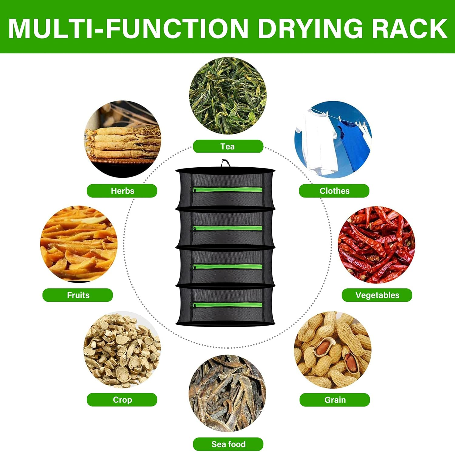 Herb Drying Rack, Hanging Plant Dryer Net Plant Drying Rack Collapsible Dry Net Mesh Cage Frame with Zipper Opening for Drying Herb Flowers Vegetables Buds Fish (Black 4-Layer) image number 3