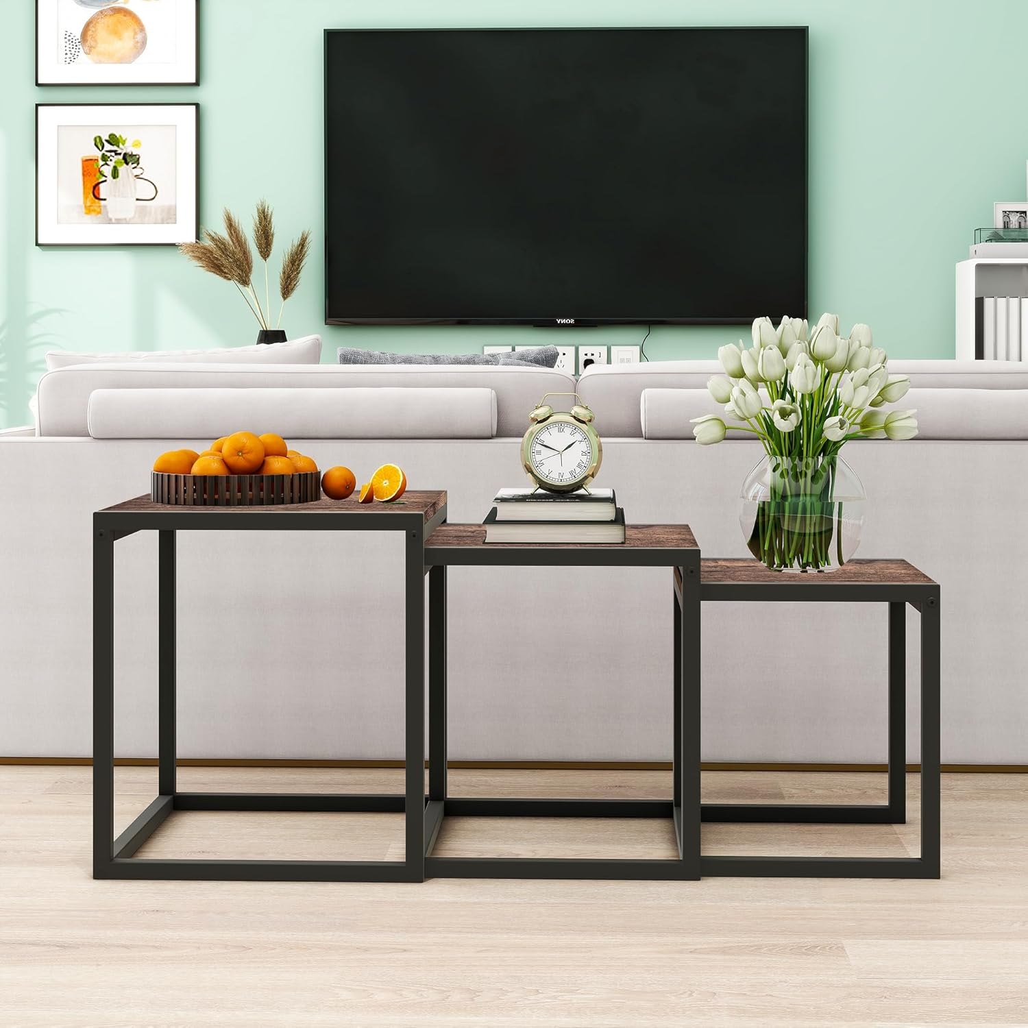 Nesting Table Set of 3 End Tables, Modern Minimalist Coffee Table, Stackable Tables with Metal Wood Stacking Side Table for Living Room, Bedroom, Brown/Black - Brown/Black image number 3