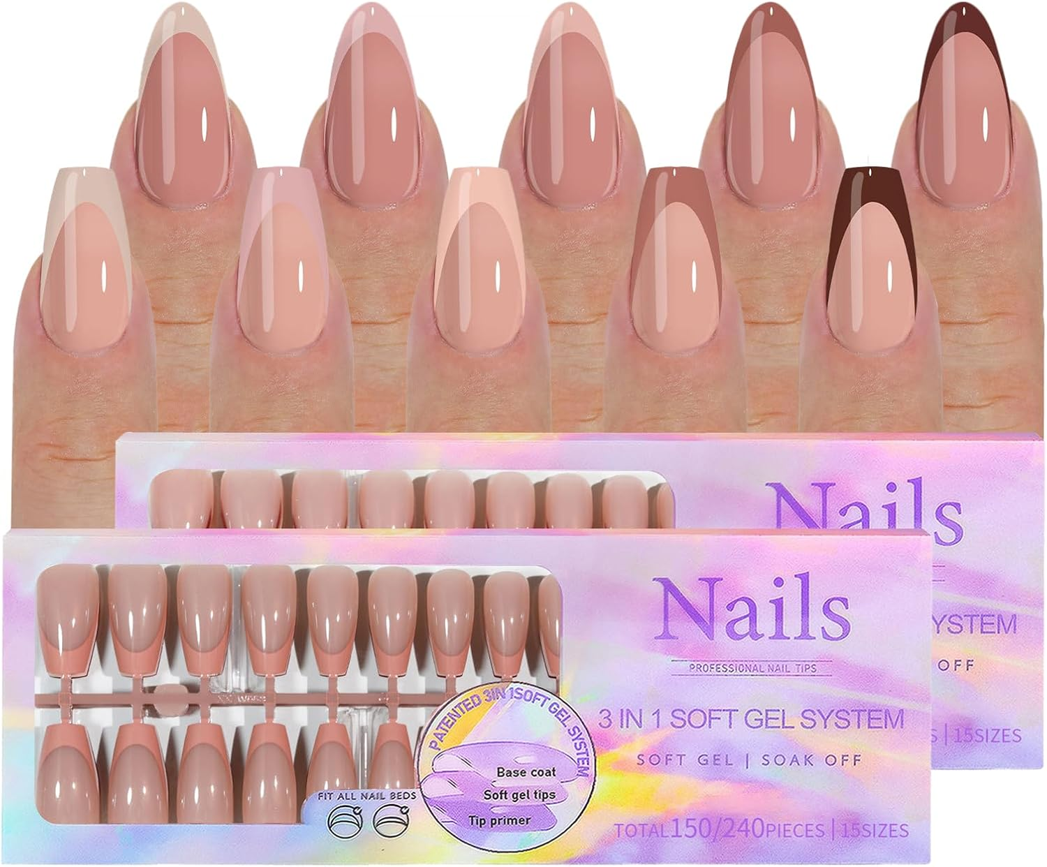 300PCS Nail Tips Set, Full Cover French Ballerina Nail Tips, Acrylic, Glossy Finish, Soak Off, Home DIY & Salon Use image number 6