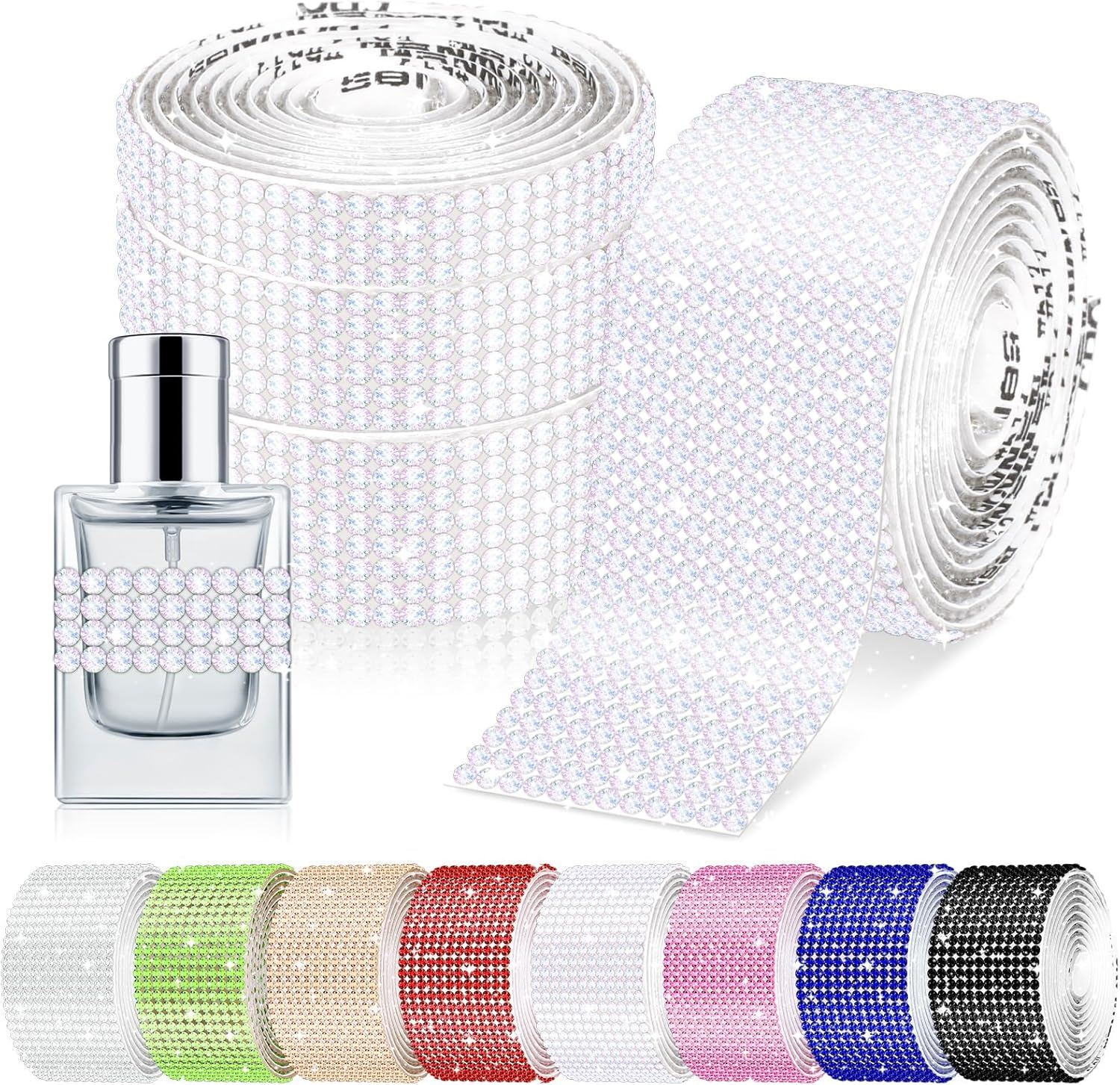 Glarks 4 Rolls 364CM Self-Adhesive Crystal Rhinestone Ribbon, 4/6/8/12 Rows Champagne Color Wrap Glittering Rhinestones Sticker, Diamond Rhinestone Ribbon Roll Stickers for Decoration Car DIY Crafts