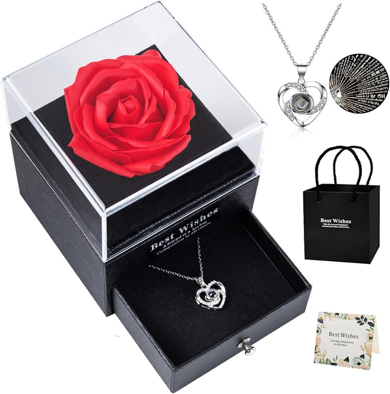 Preserved Red Real Rose with I Love You Necklace -Eternal Flowers Rose Gifts for Mom Wife Girlfriend Her on Anniversary Mothers Day Valentines Day Christmas Birthday Gifts for Women