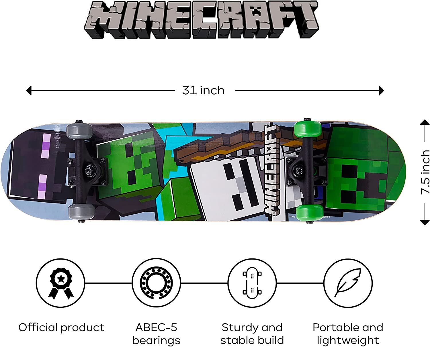 Minecraft 31 Inch Skateboard, 9-Ply Maple Deck Skate Board for Cruising, Carving, Tricks and Downhill image number 3