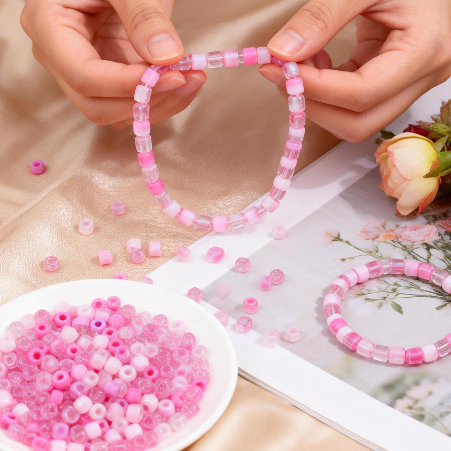 1200 Pcs Winter Pony Beads Pink Pony Bead Colorful Glitter Beads for Jewelry Making Winter Party Decoration Bracelets Necklace Earrings Hair DIY Crafts (Pink) image number 1