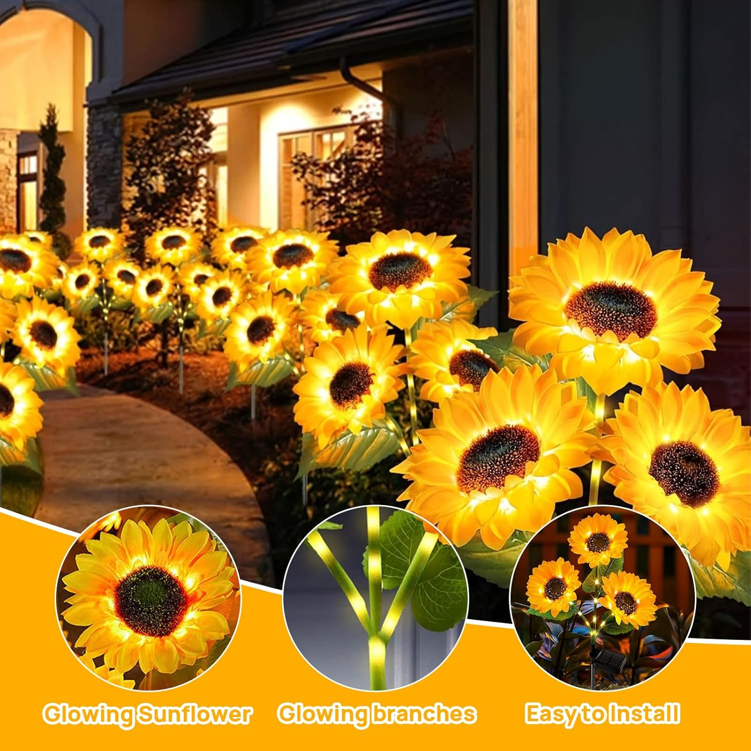 Pack of 2 Solar Sunflower Lights Outdoor, Waterproof Sunflower Solar Lights with 6 Artificial Sunflowers & Luminous Stems for Patio Garden Christmas Decoration image number 4