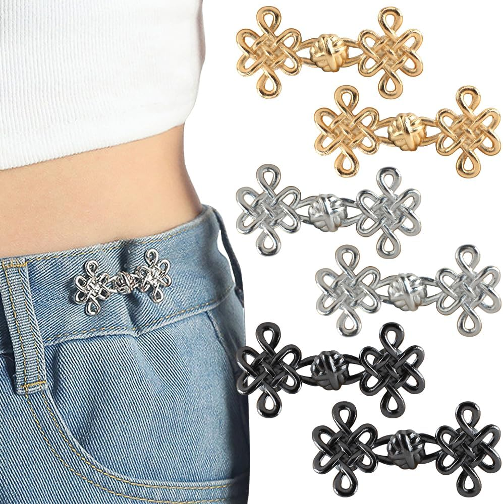 6Sets Chinese Knot Pant Waist Tightener Adjuster Jean Buttons for Loose Jeans Waistband Tightener No Sew Buttons Pants Button Tightener Jean Button Pins Adjustable Waist Buckle Pants Clips for Waist image number 1