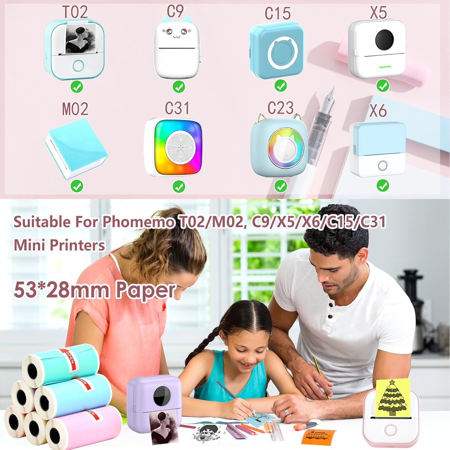 6 Rolls Colored Thermal Sticker Paper for Phomemo T02/M02/M02S PRO Mini Printer,Self-Adhesive Paper 53 * 28Mm,Hd Label for Pocket Inkless Portable Photo Printer to Print,Note,List - Multicolored image number 6