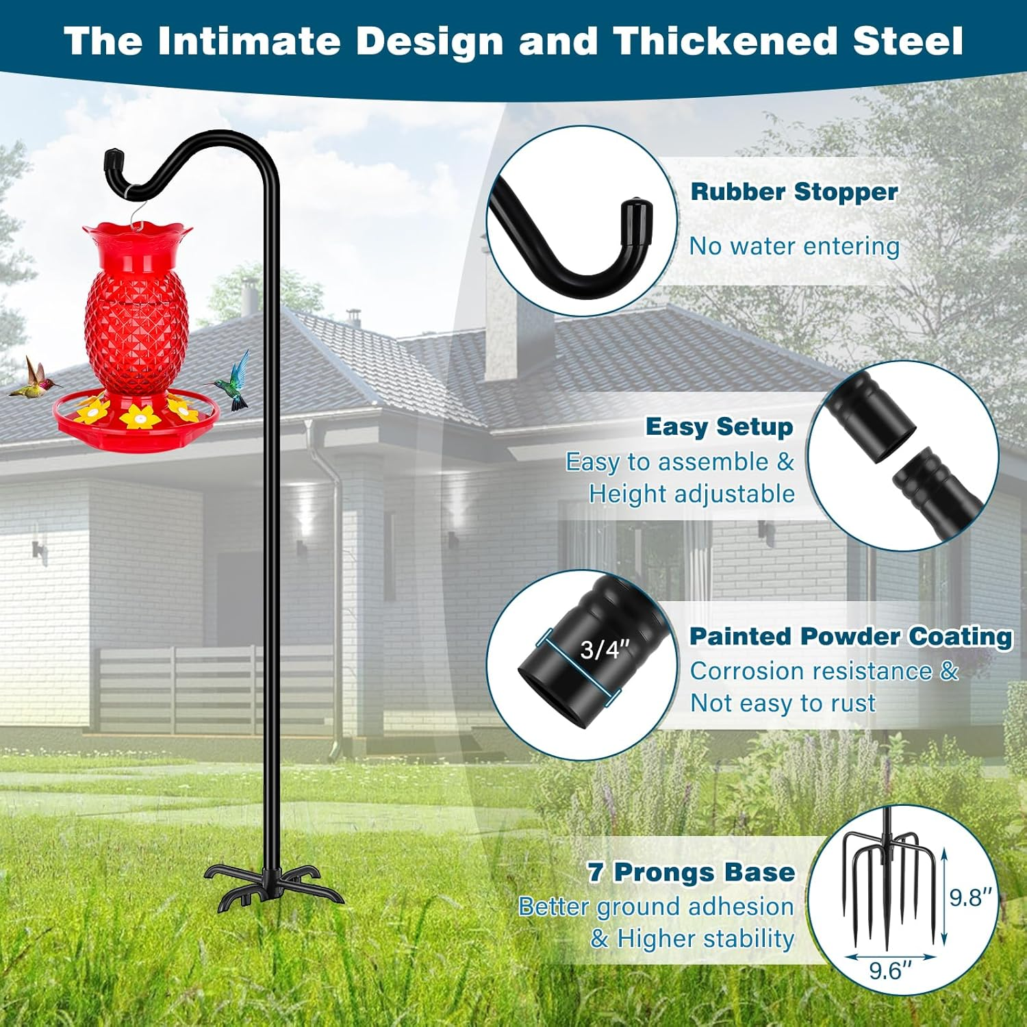 Gtongoko Adjustable Shepherds Hooks for Outdoor 76 Inch Bird Feeder Pole with 7 Prongs Base, 3/4 Inch Thick Heavy Duty for Hanging Bird Feeder, Plant Baskets,1 Pack image number 4