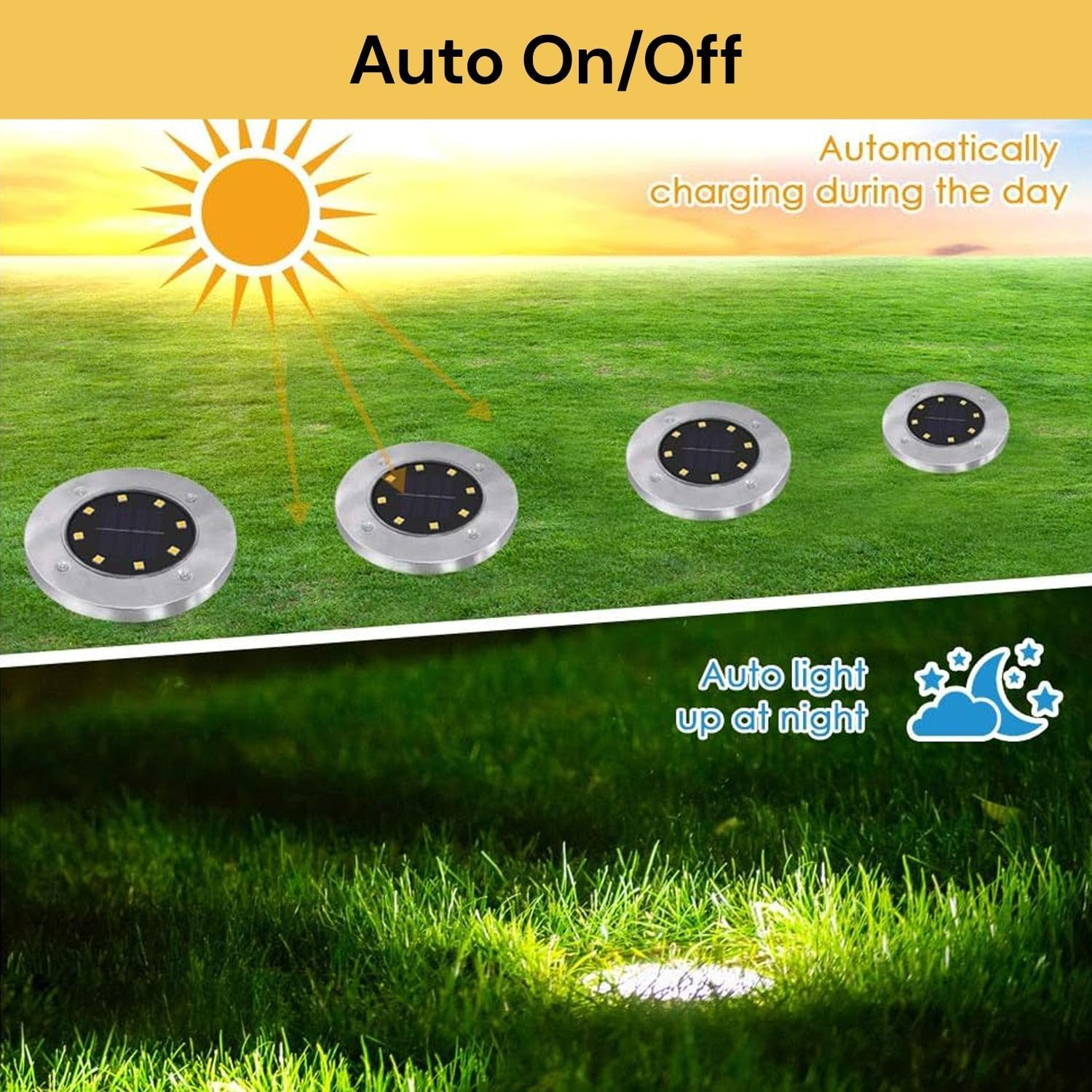 EZONEDEAL Solar Ground Lights, 8 LED Solar Disk Lights Outdoor Waterproof for Garden Yard Patio Pathway Lawn Driveway Walkway- Warm White (4 Pack) image number 1