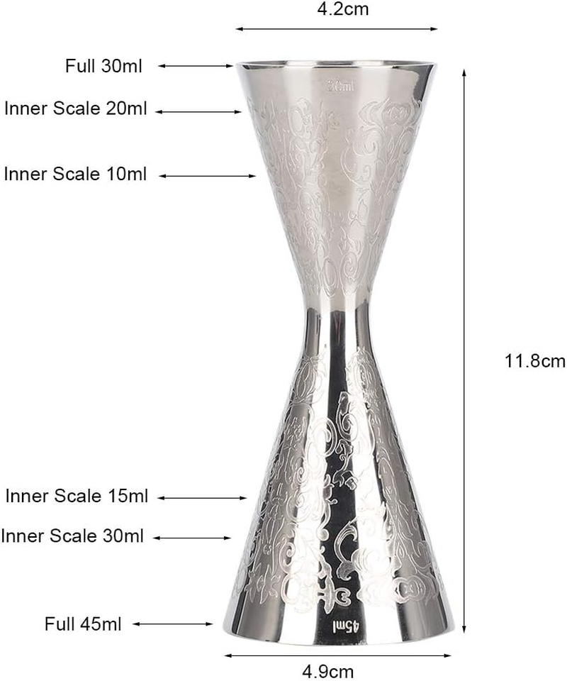 Japanese Style Double Cocktail Jigger - Etching Stainless Steel Jigger with Scale, Small Cup 30Ml, Large Cup 45Ml - Silver