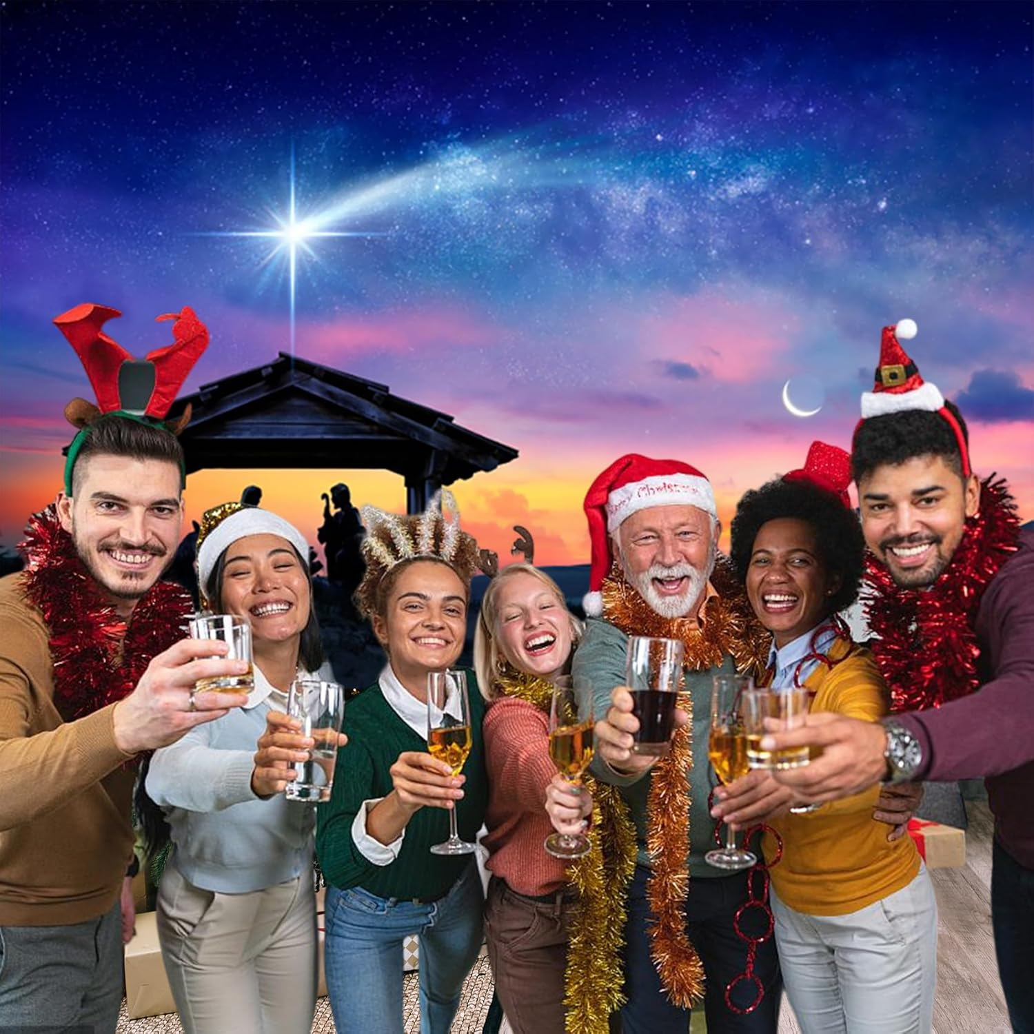 Renaiss 7X5Ft Birth of Jesus Backdrop Evening Manger Scene Photography Background Christmas Blue Starry Sky Holy Night Orange Sunset Banner Camel Desert Portrait Photobooth Banner Party Decorations image number 5