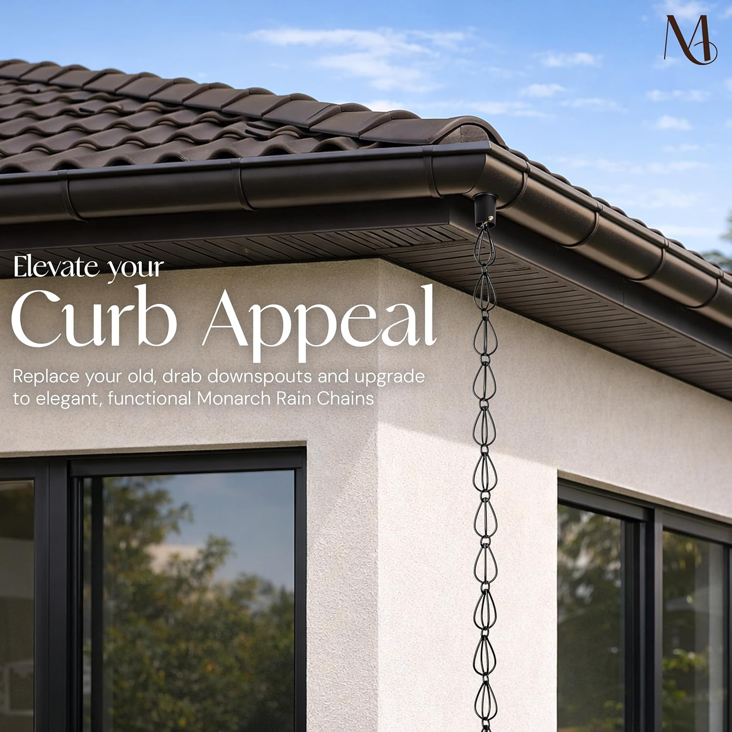 Monarch Rain Chains 17055 Aluminum Teardrop Rain Chain, 8-1/2 Feet Length Replacement Downspout for Gutters, Black Powder Coated image number 3