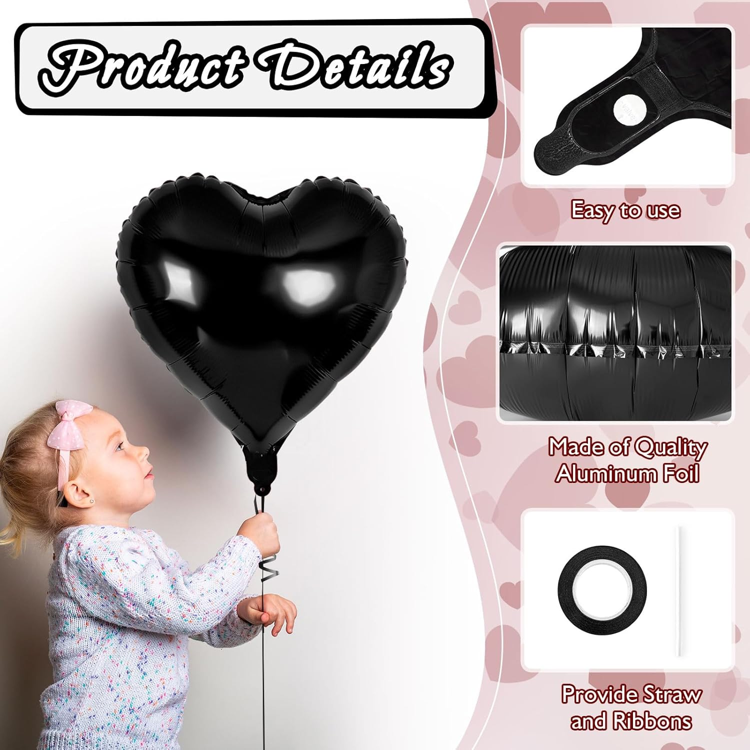12 Pcs Heart Balloons,18 Inch Heart Shape Foil Balloons Love Balloons Valentine Balloons for Birthday Party Wedding Engagement Party Baby Shower Valentine Day Decorations (Black) image number 1