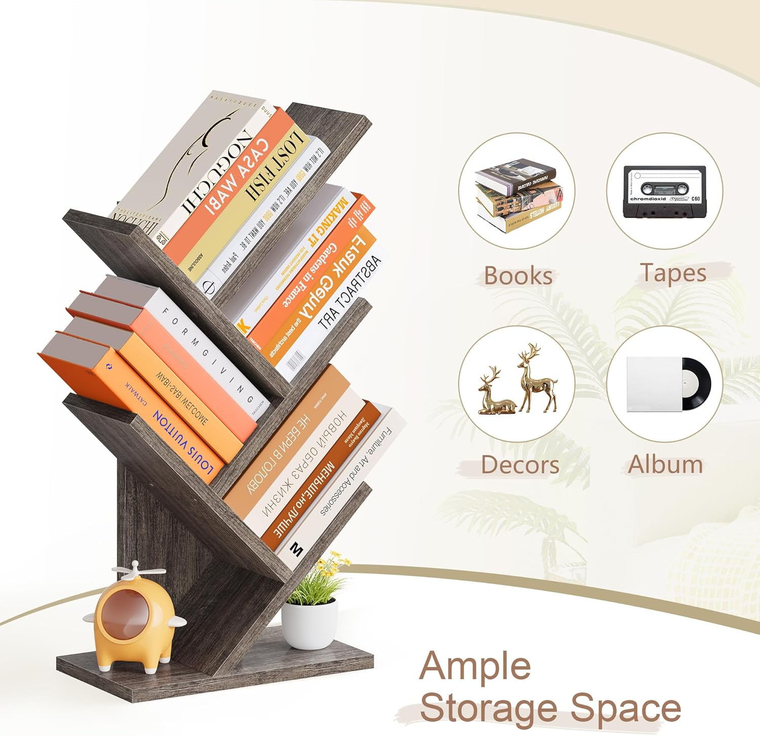 Hoctieon 4 Tier Tree Bookshelf, 4 Shelf Bookcase, Free Standing Tree Bookcase, Display Floor Standing Shelf for Books, Book Organizer Shelves for Home Office, Living Room, Bedroom, Grey image number 5