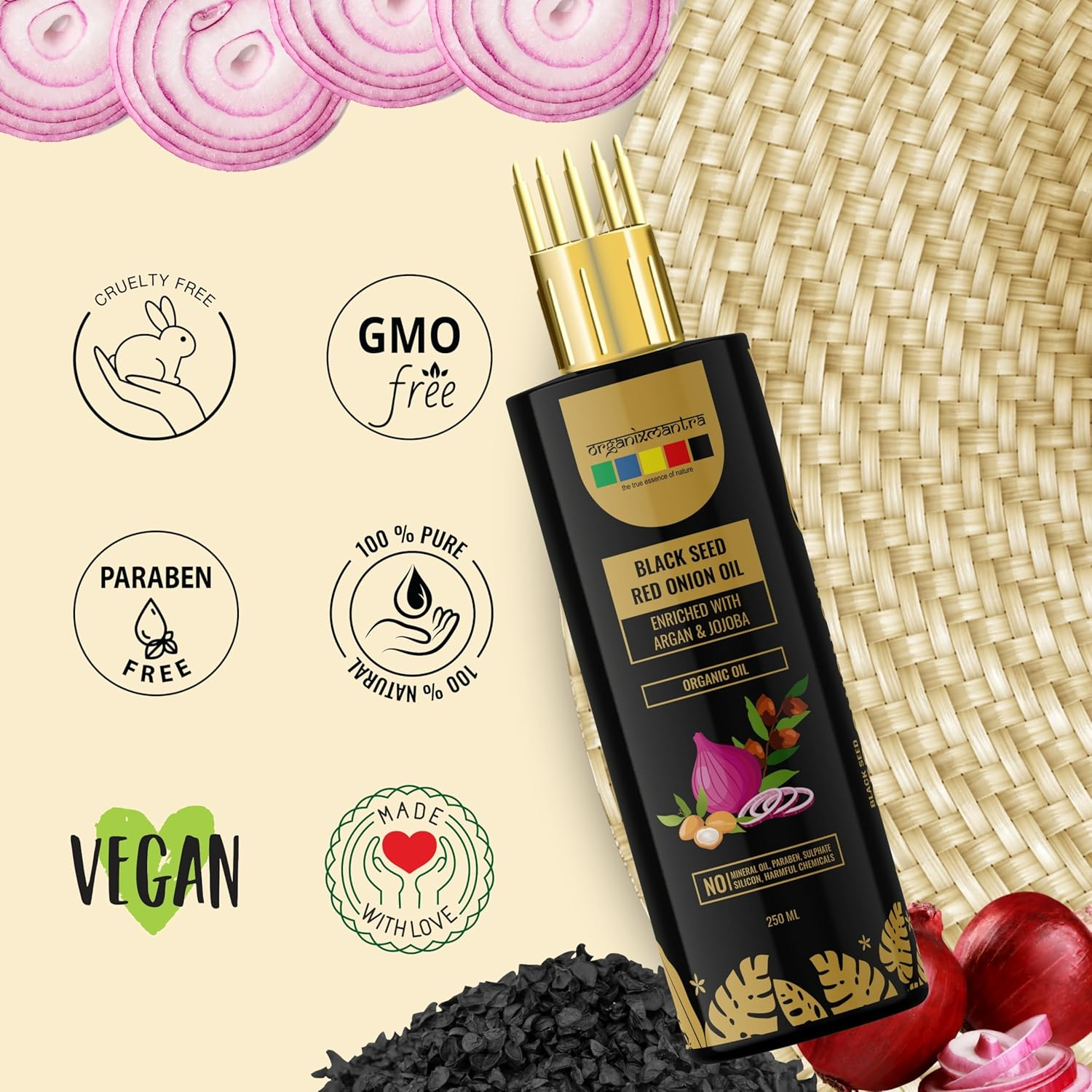 Organix Mantra Red Onion Oil with Argan, Jojoba, Hibiscus, Curry Leaves, Tea Tree, Organic Multi Purpose Hair Oil (250ML) image number 1