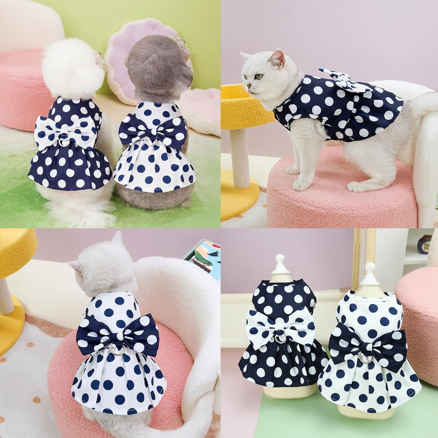 Polka Dot Dog Dress for Small Dog Girls Puppy Harness Dress with D Ring and Bow Spring Summer Breathable Pet Short Skirt (White, L)