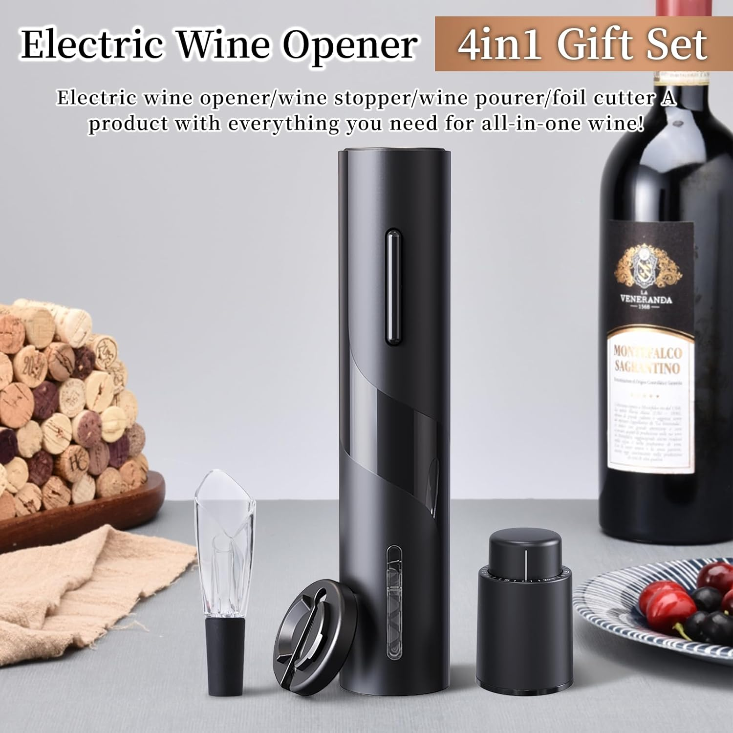 2024 New Electric Wine Opener, Vacuum Wine Stopper, Wine Pourer with Aerator Function, Foil Cutter, 4-In-1 Gift Set, Corkscrew, Battery Operated, Wine Cap, Easy Wine Cork Removal to Storage(Egs) image number 1