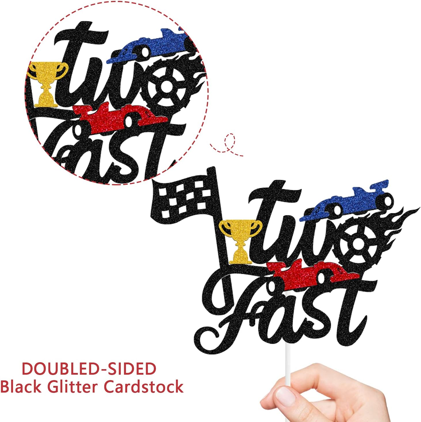 Two Fast Cake Topper, Race Car Birthday Supplies 2Nd Birthday Cake Decoration Race Car Hot Wheel Chequered Flag Themed Party Supplies Decorations(Doubled-Sided), Black image number 4