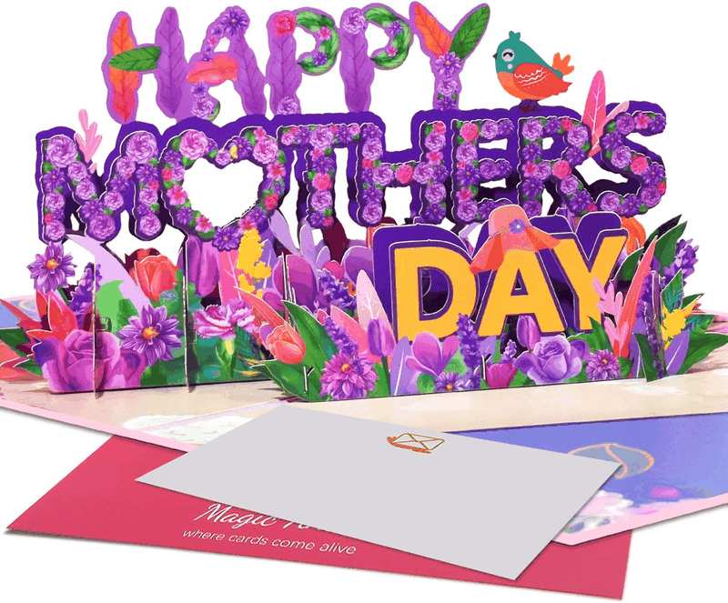 Magic Ants 3D Pop-Up Mother&rsquo;S Day Card &ndash; "Happy Mother&rsquo;S Day" with Glittery Floral Design, Yellow and Silver Script, Colorful Flowers, Lavender Sprig, Includes Envelope and Blank Notecard for Mom, Stepmother, Mother in Law, Grandma, Wife, Sister, Aunt