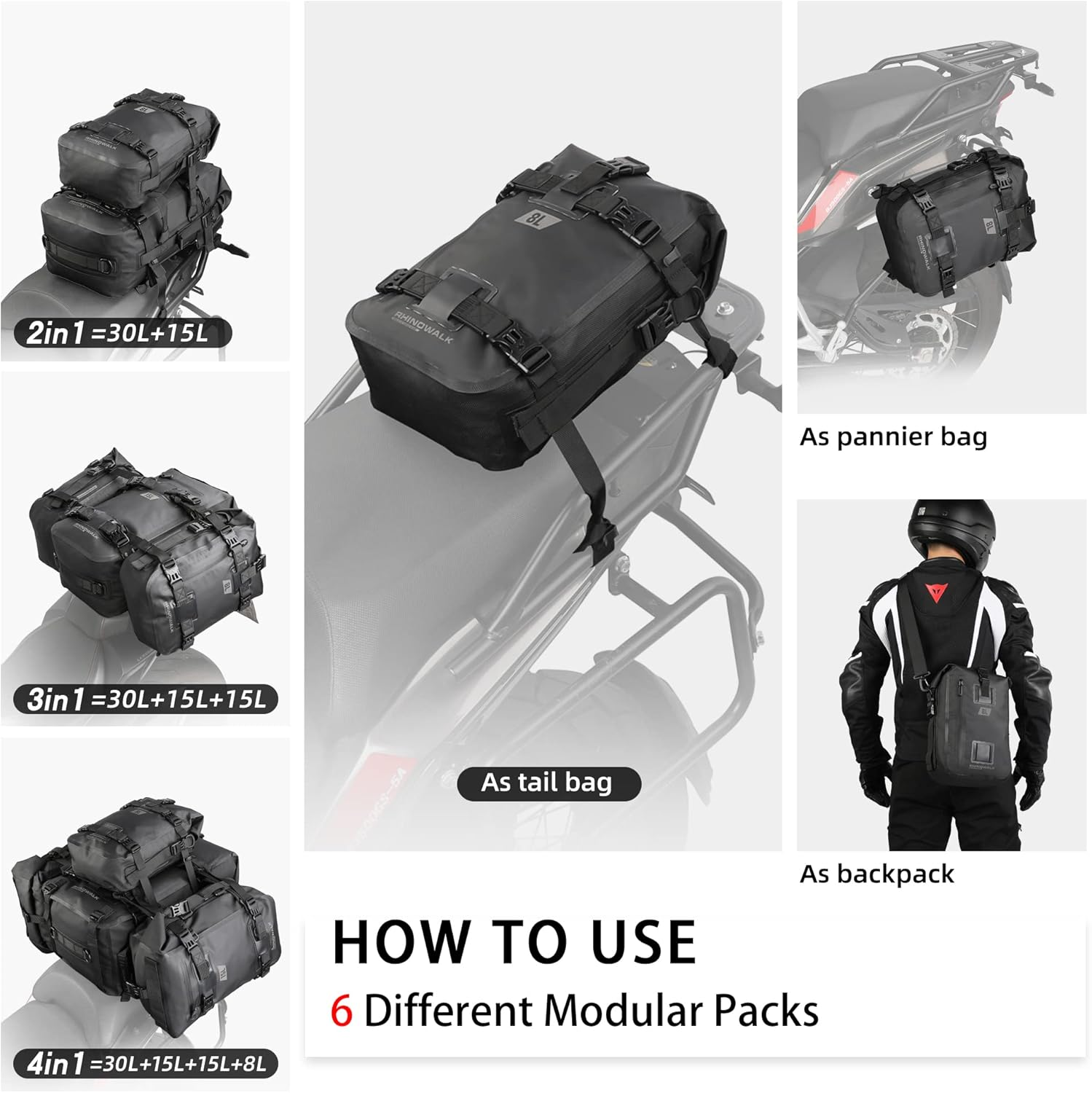 Rhinowalk Motorcycle Tail Bag - Multifunctional Waterproof Rear Rack Trunk Seat Bag, Luggage Backpack, Black 8L image number 2